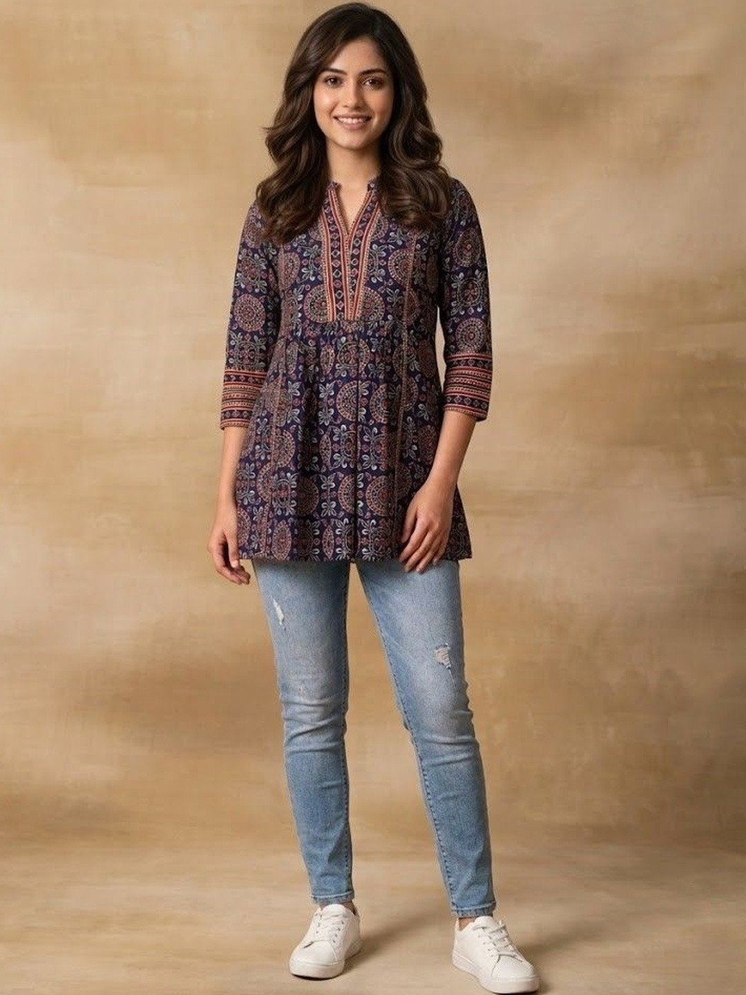 HERE&NOW Mandarin Collar Printed Ethnic Tunic