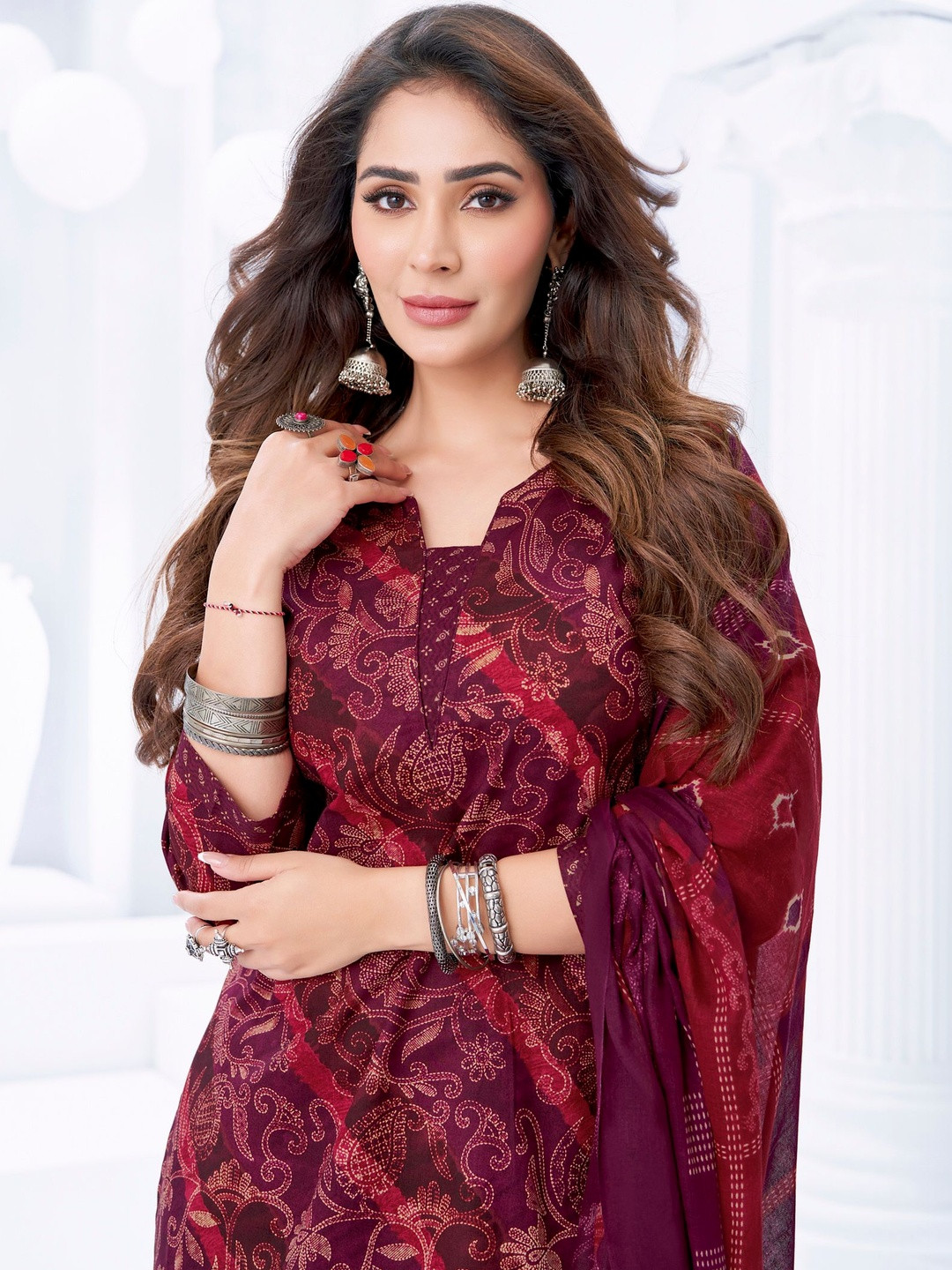 Sangria Printed Pure Cotton Round Neck Kurta & Trousers With Dupatta