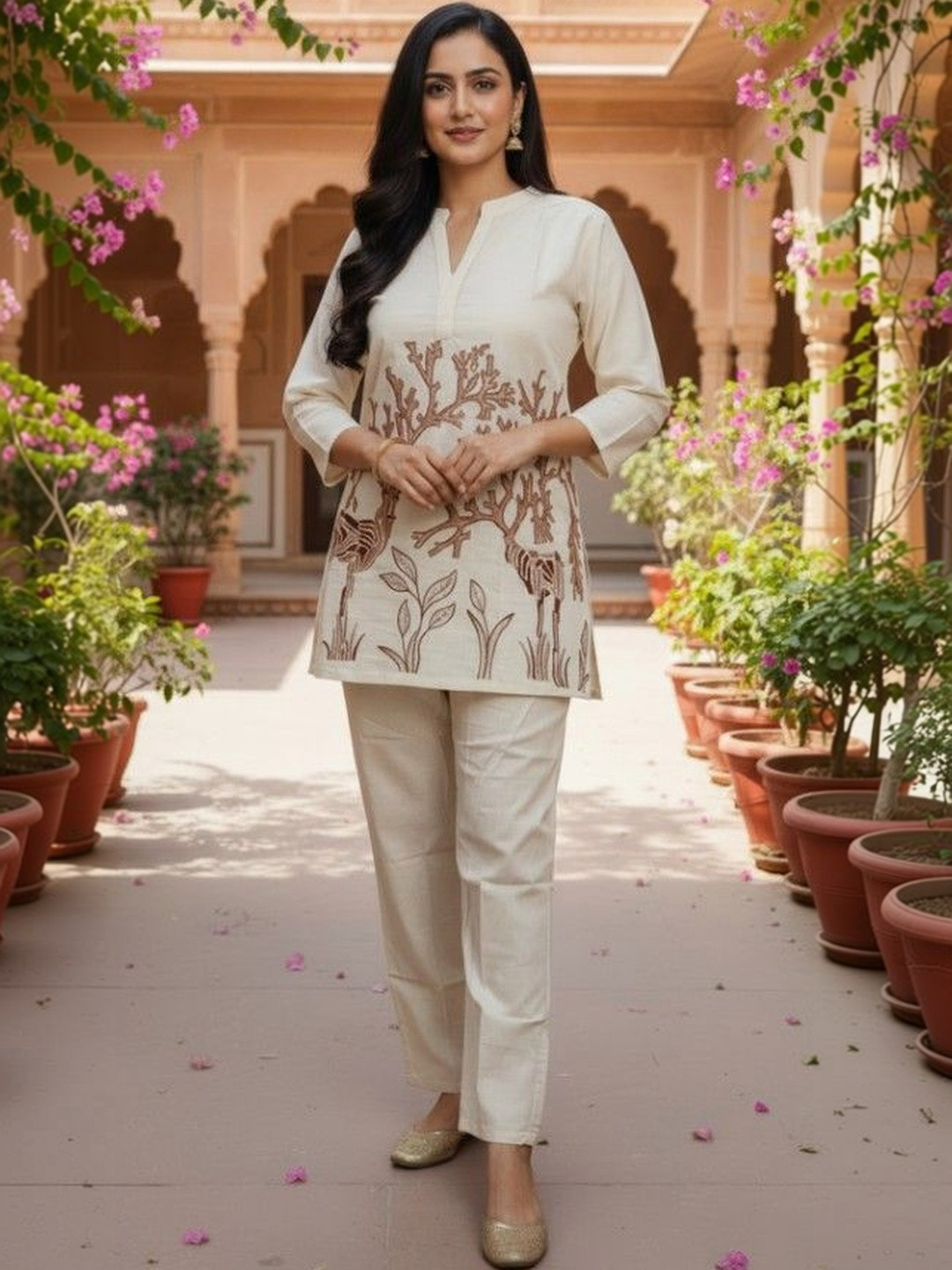 RUSTIQUE Women Ethnic Motifs Embroidered Regular Thread Work Pure Cotton Kurti with Trousers