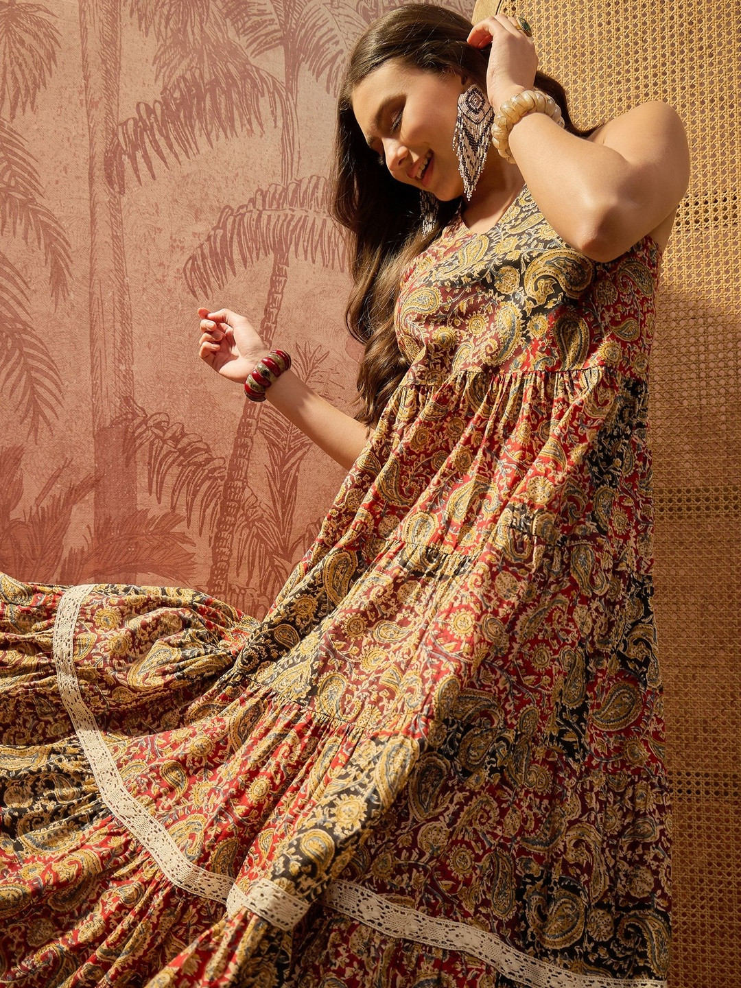 Sangria Printed Halter Neck Fit and Flare Midi Dresses