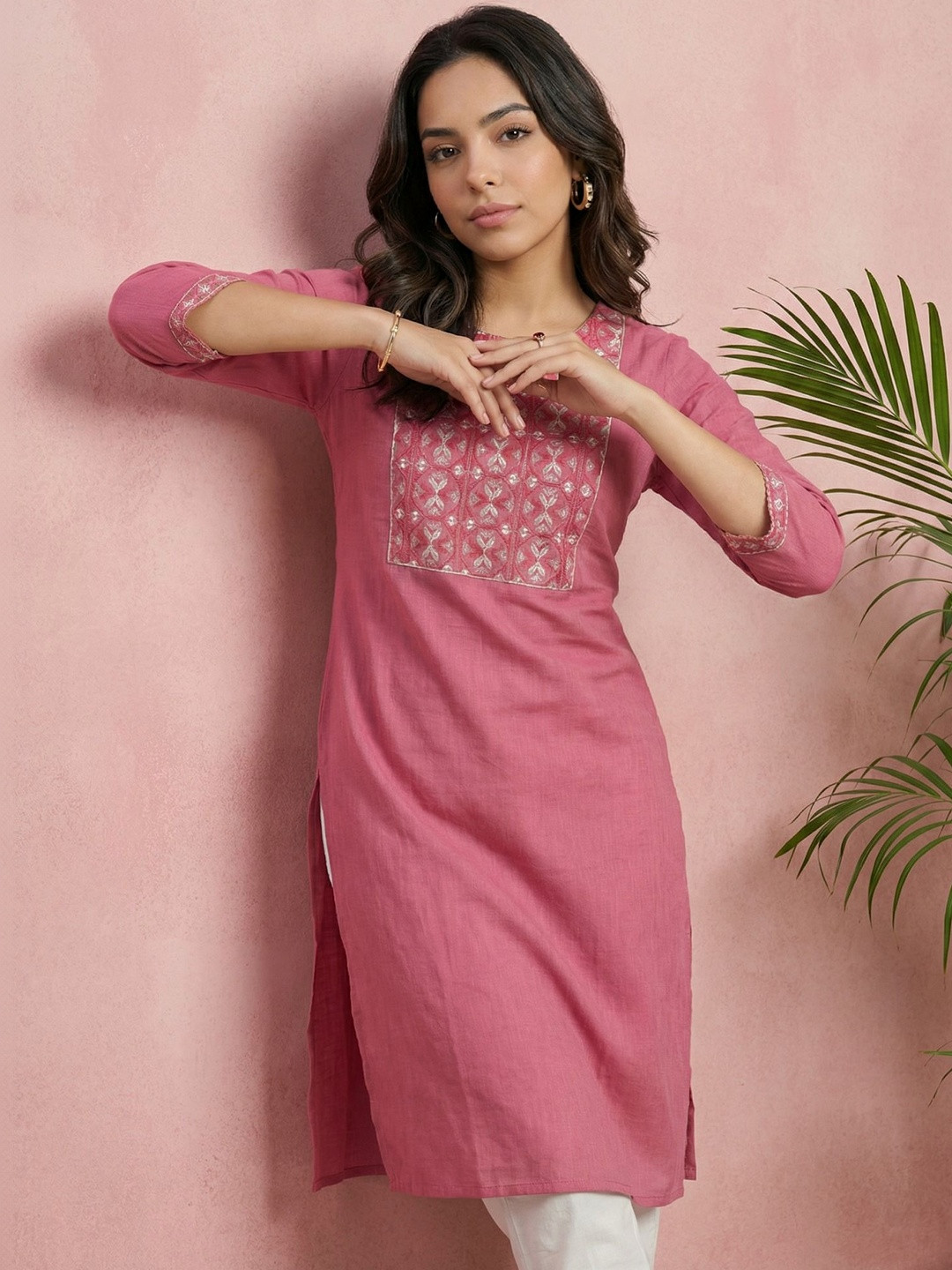 Sangria Embroidered Round Neck Calf Length Straight Kurtas