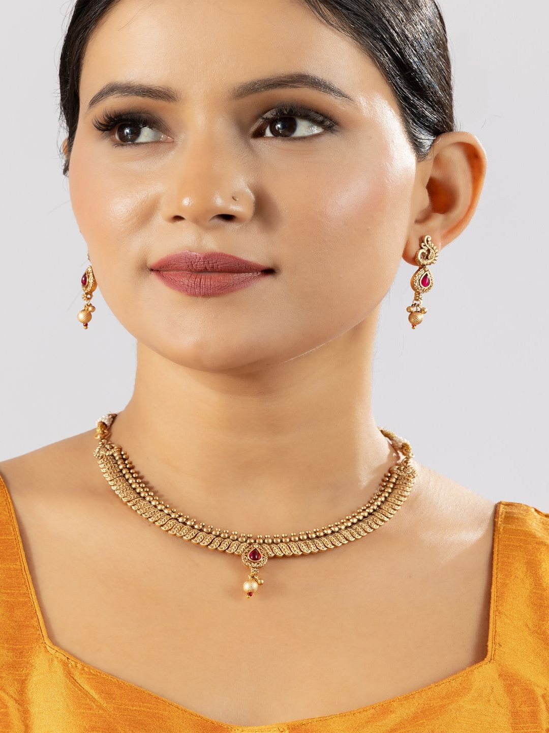 Niscka Gold-Plated Stone Studded & Beaded Necklace and Earrings