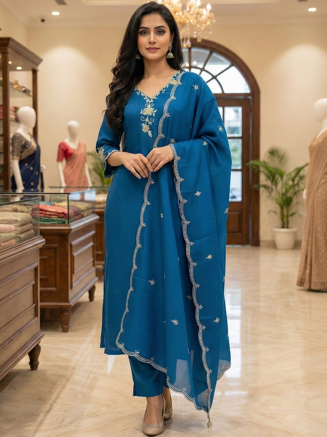 NEEL ETHNICS Women Ethnic Motifs Embroidered Regular Thread Work Kurta with Trousers & With Dupatta
