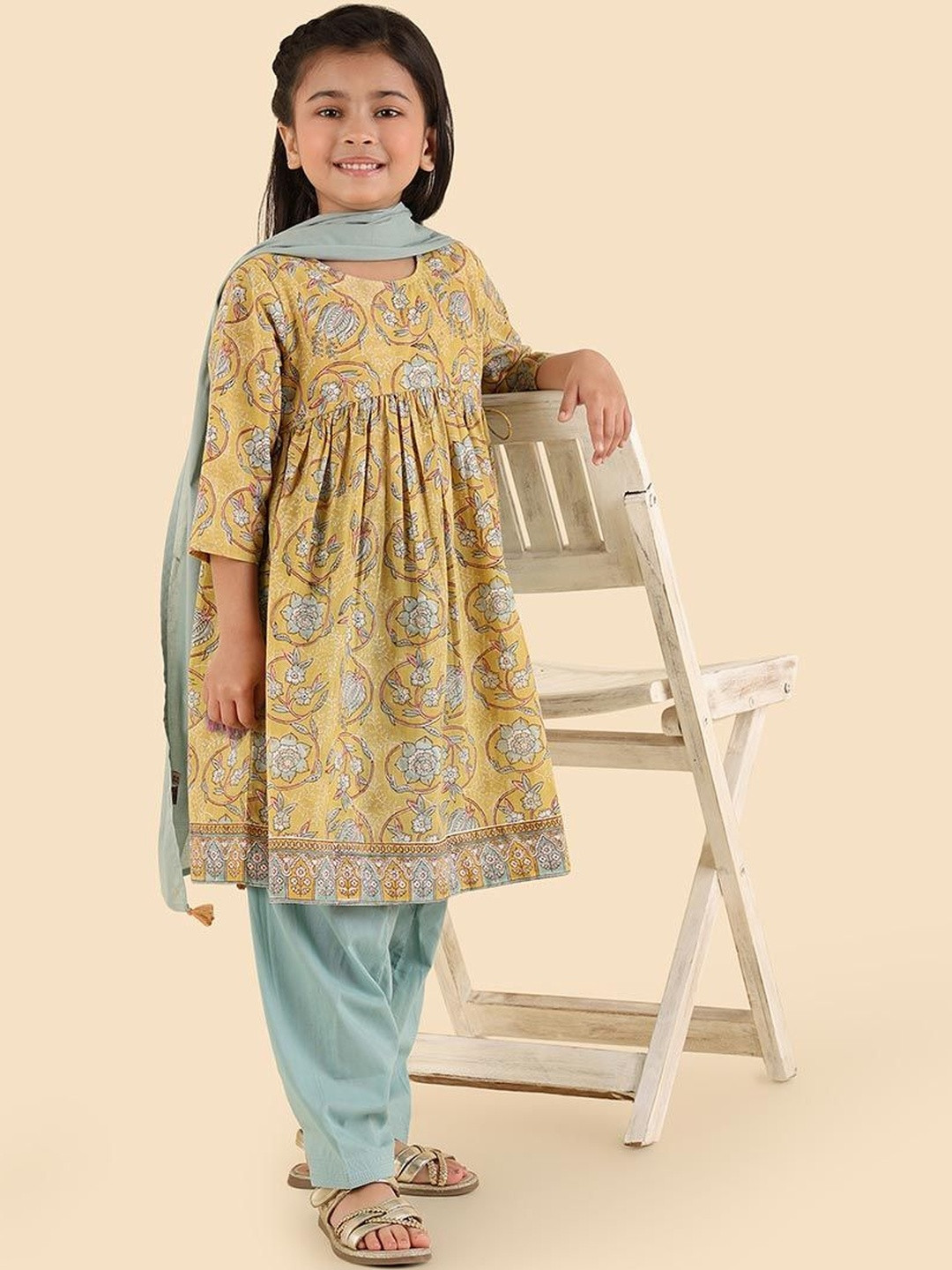 Fabindia Girls Ethnic Motifs Printed Empire Pure Cotton Kurta with Patiala & With Dupatta