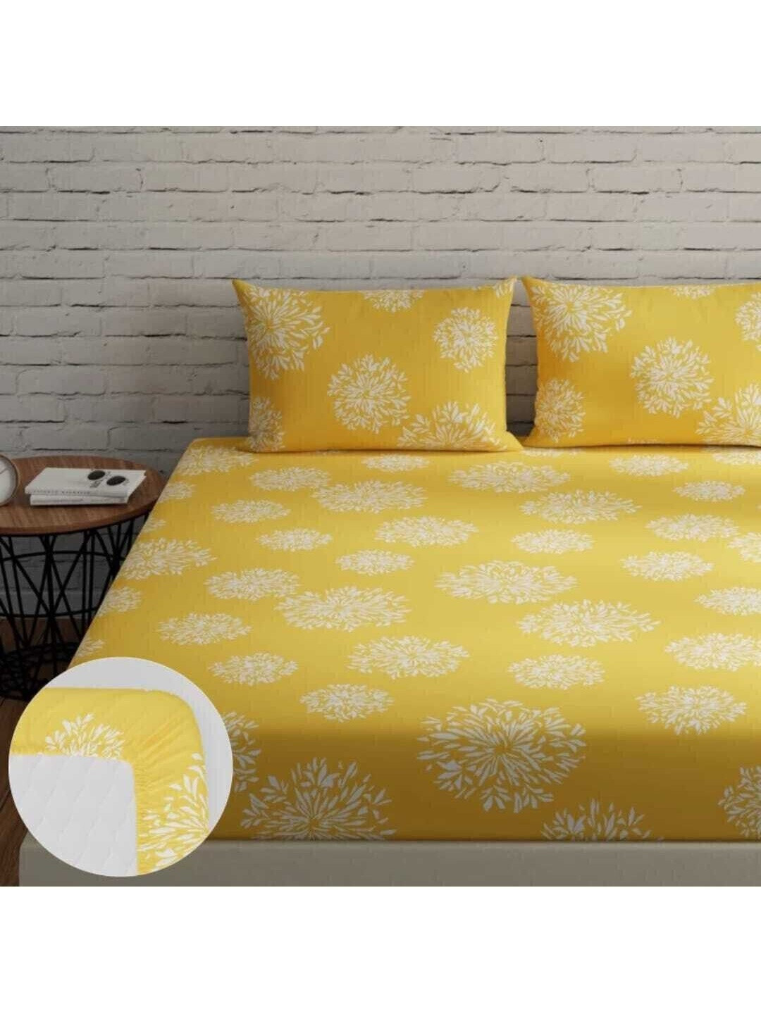 DECENT HOME Yellow Floral Bedsheet with 2 Pillow Covers