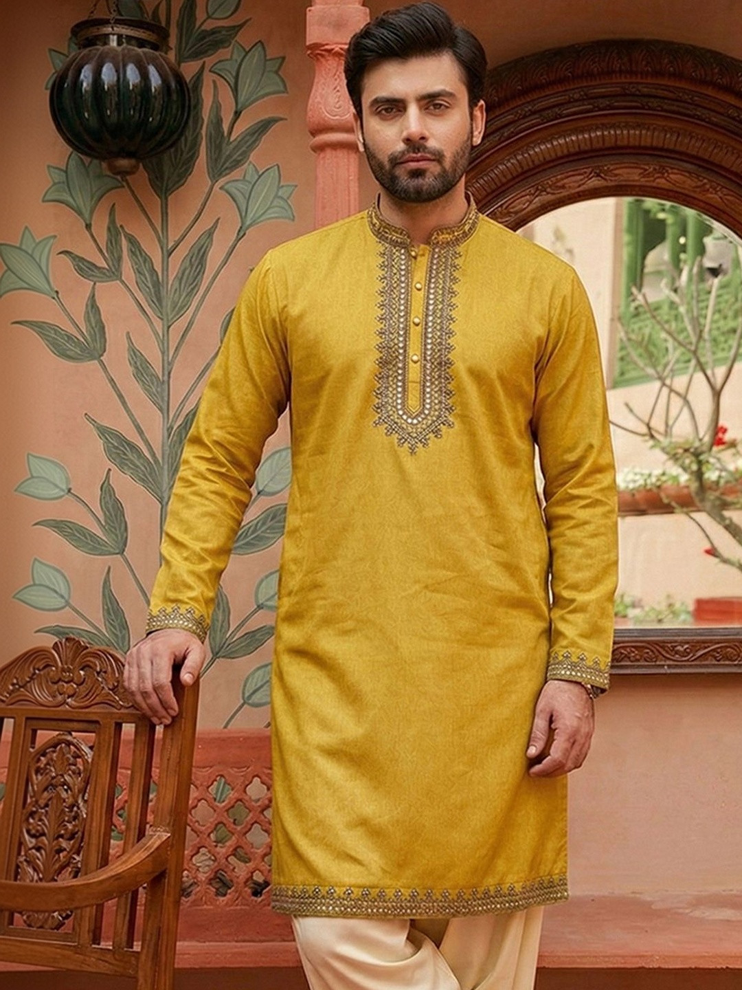CHHAAP Men Yellow Ethnic Motifs Embroidered Mirror Work Summer Sheers Polyester Collar Kurta