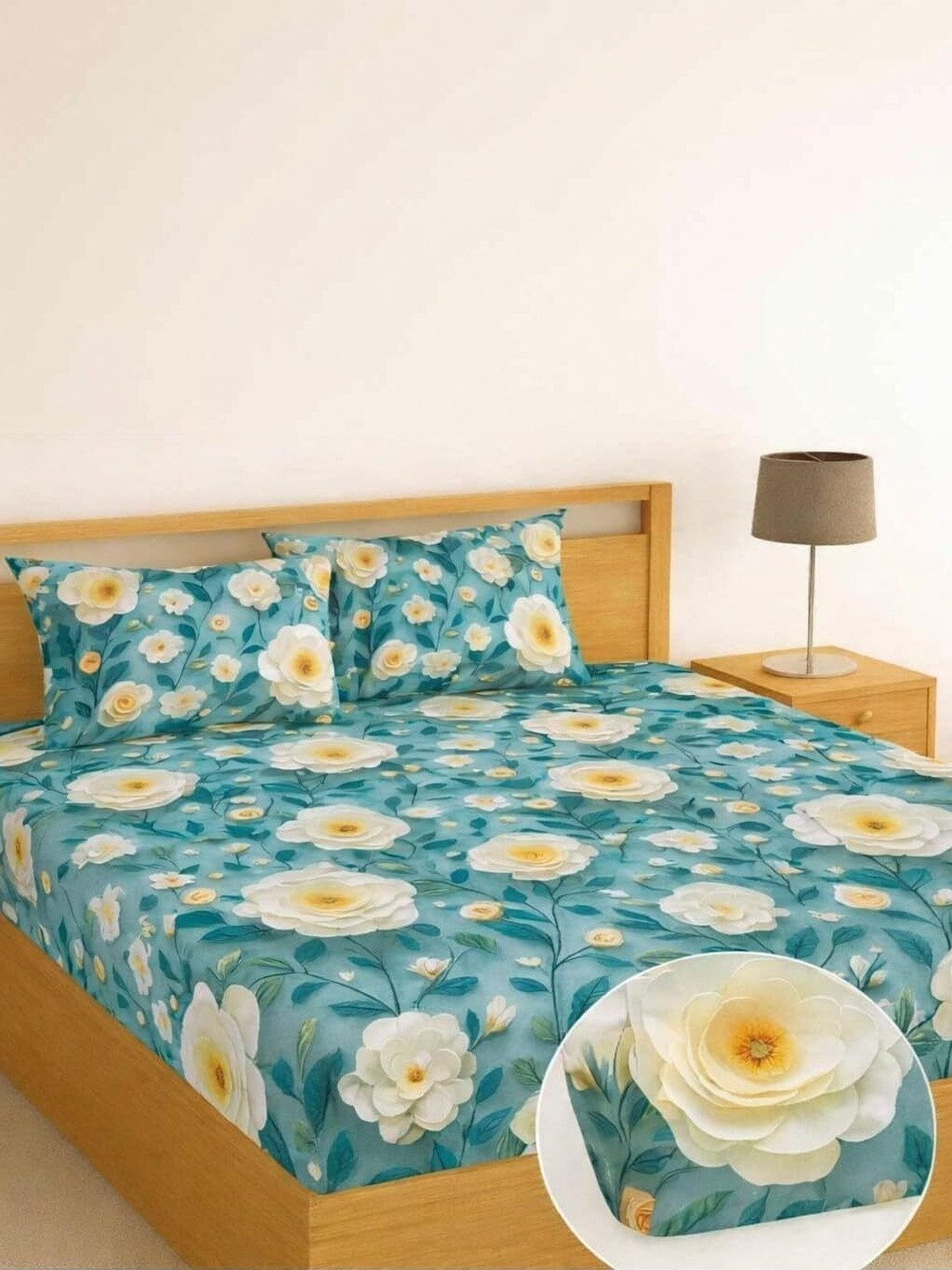 DECENT HOME Blue Floral Bedsheet with 2 Pillow Covers