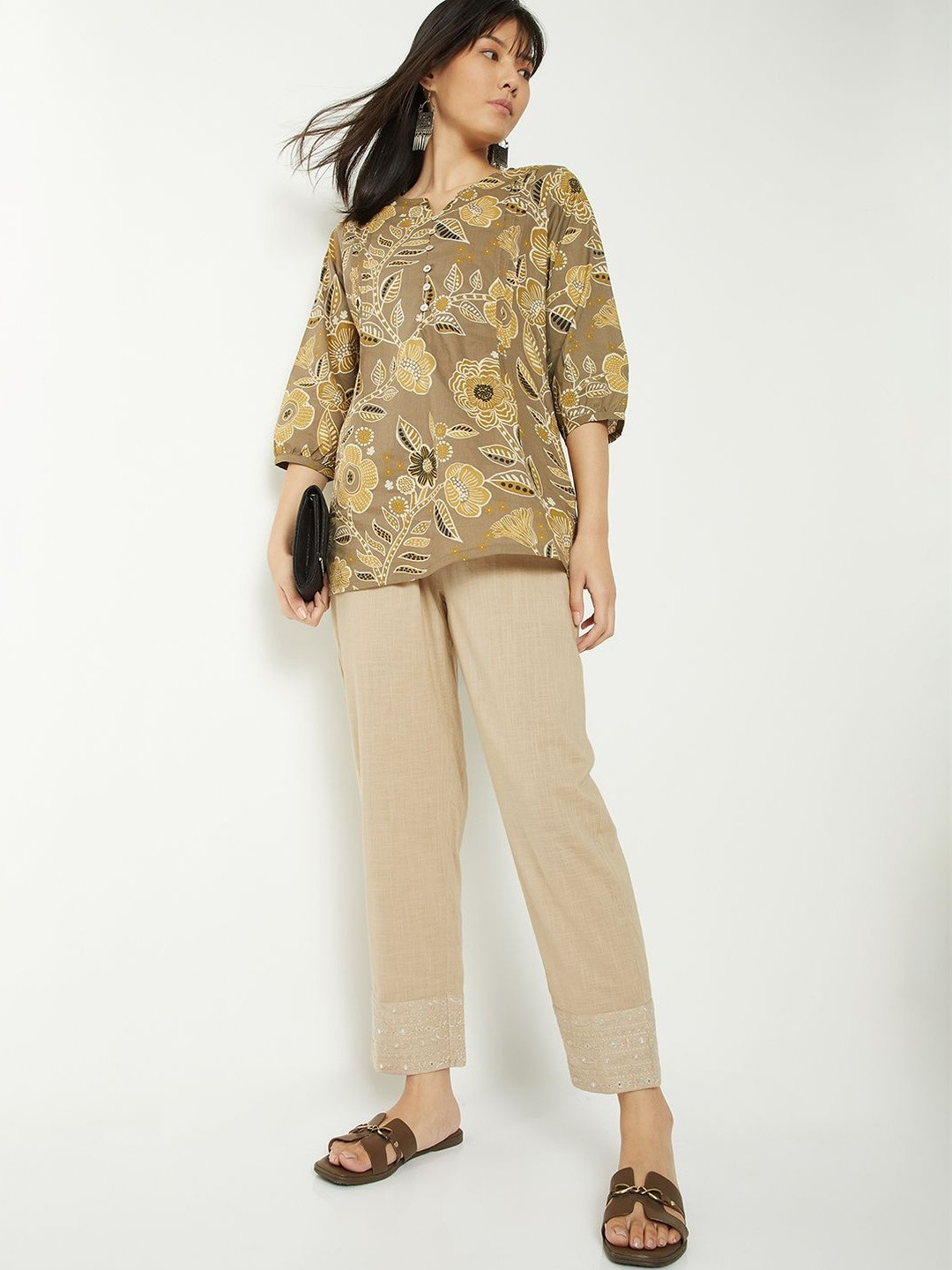 max Women Embroidered Straight Cotton Trousers