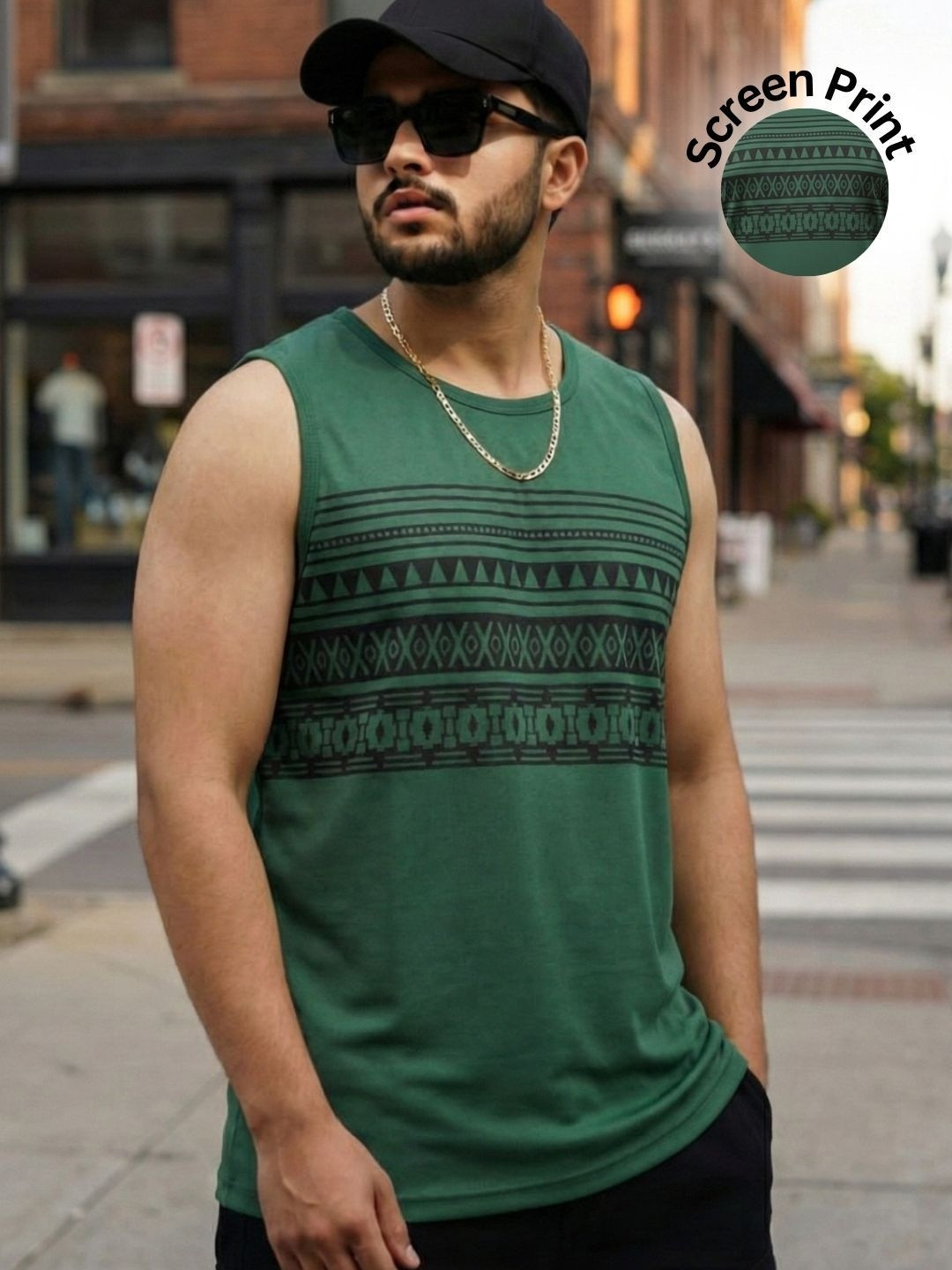HERE&NOW Men Bottle Green Printed Cotton Sleeveless Round Neck Training Tshirts