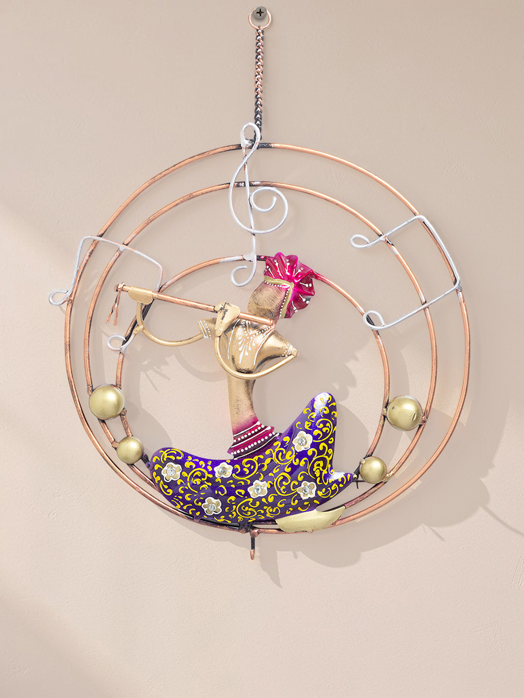 Golden Peacock Handpainted Musicians Hanging Metal Ethnic Motifs Glossy Wall Hangings-15In