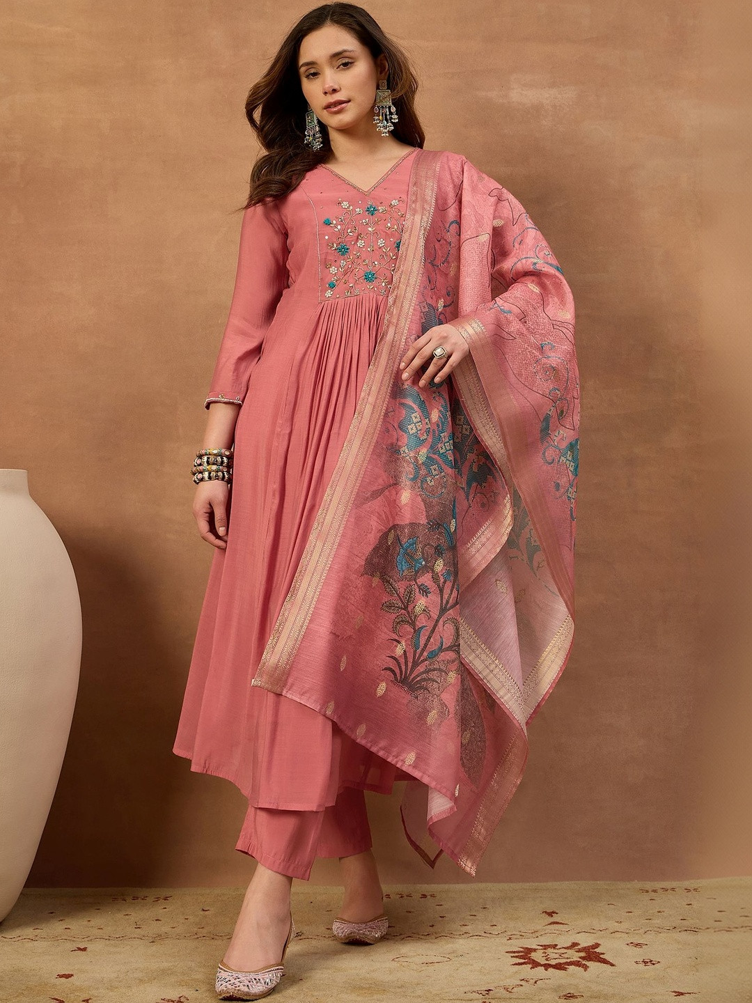 Inddus Women Floral Thread and Sequinned Embroidered Kurta & Trouser with Dupatta