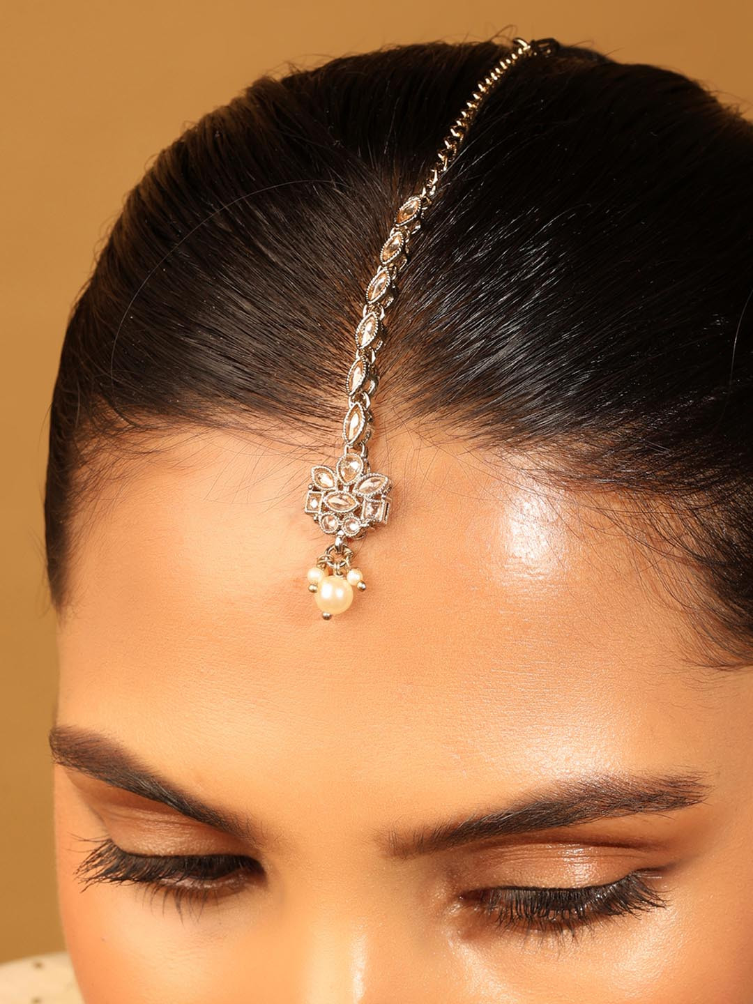 SALONI FASHION JEWELLERY Gold-Plated Artificial Stones and Beads Studded Maang Tikka Head Jewellery