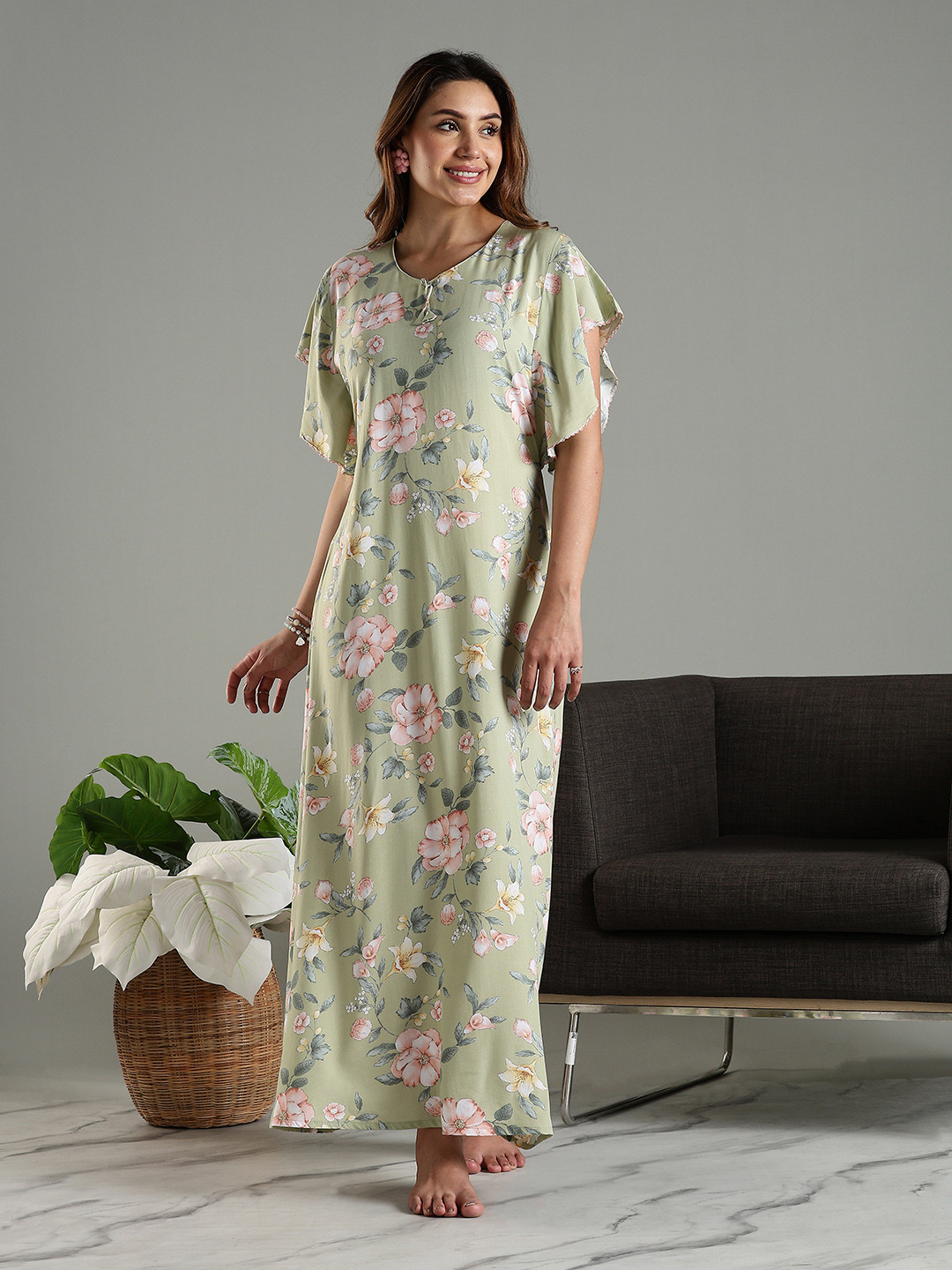 9shines Label Women Kaftan Sleeve Floral Printed Nightdress