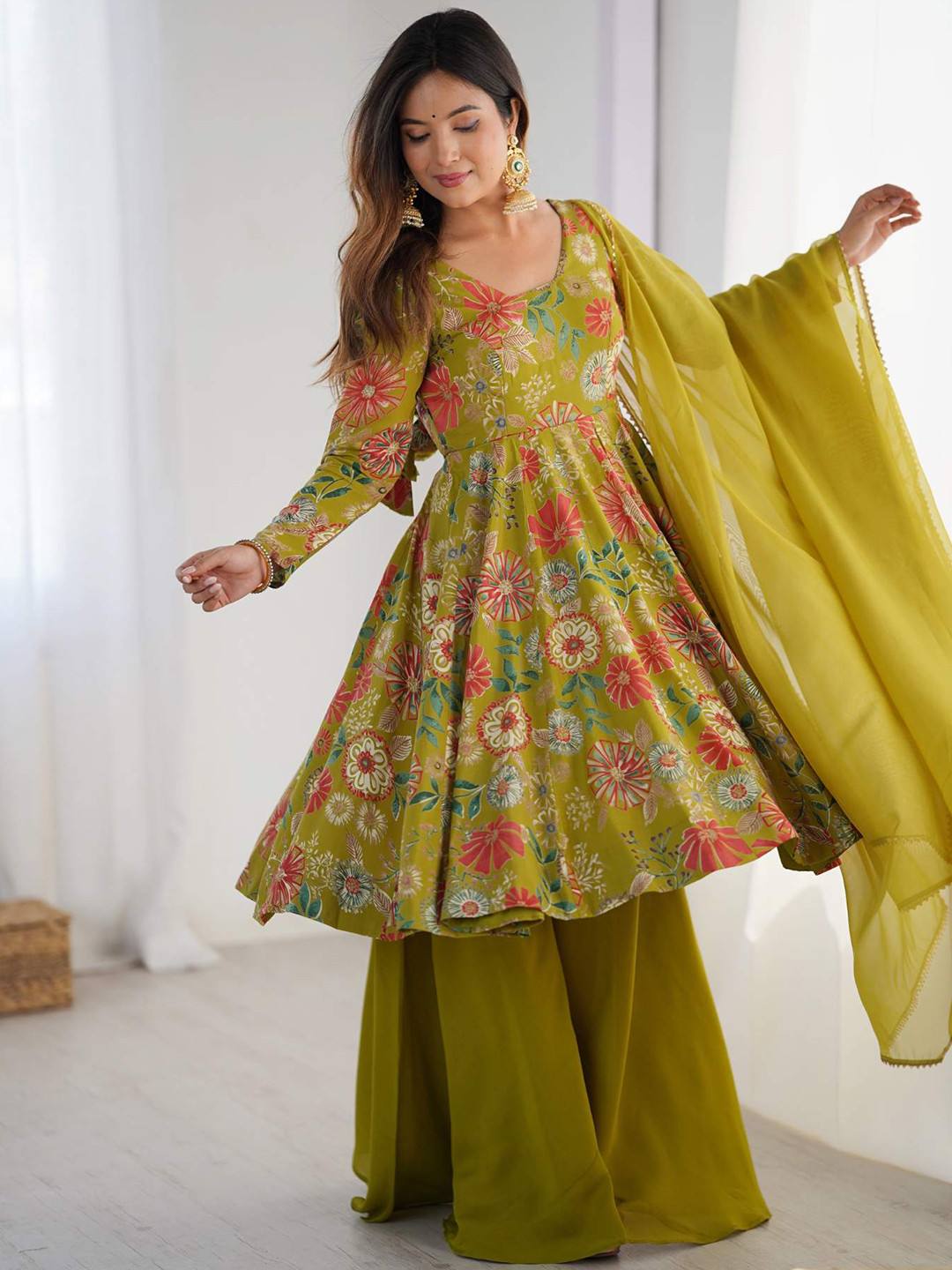 SAJAVAT ETHENIC WEAR Floral Printed Pure Silk Kurta with Palazzos & With Dupatta