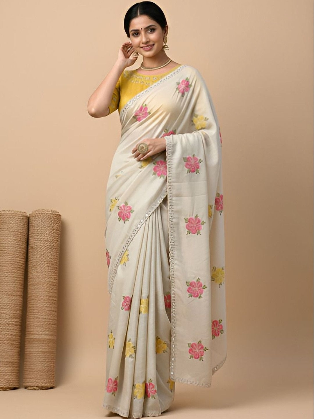 Sita Floral Mirror Work Pure Georgette Saree