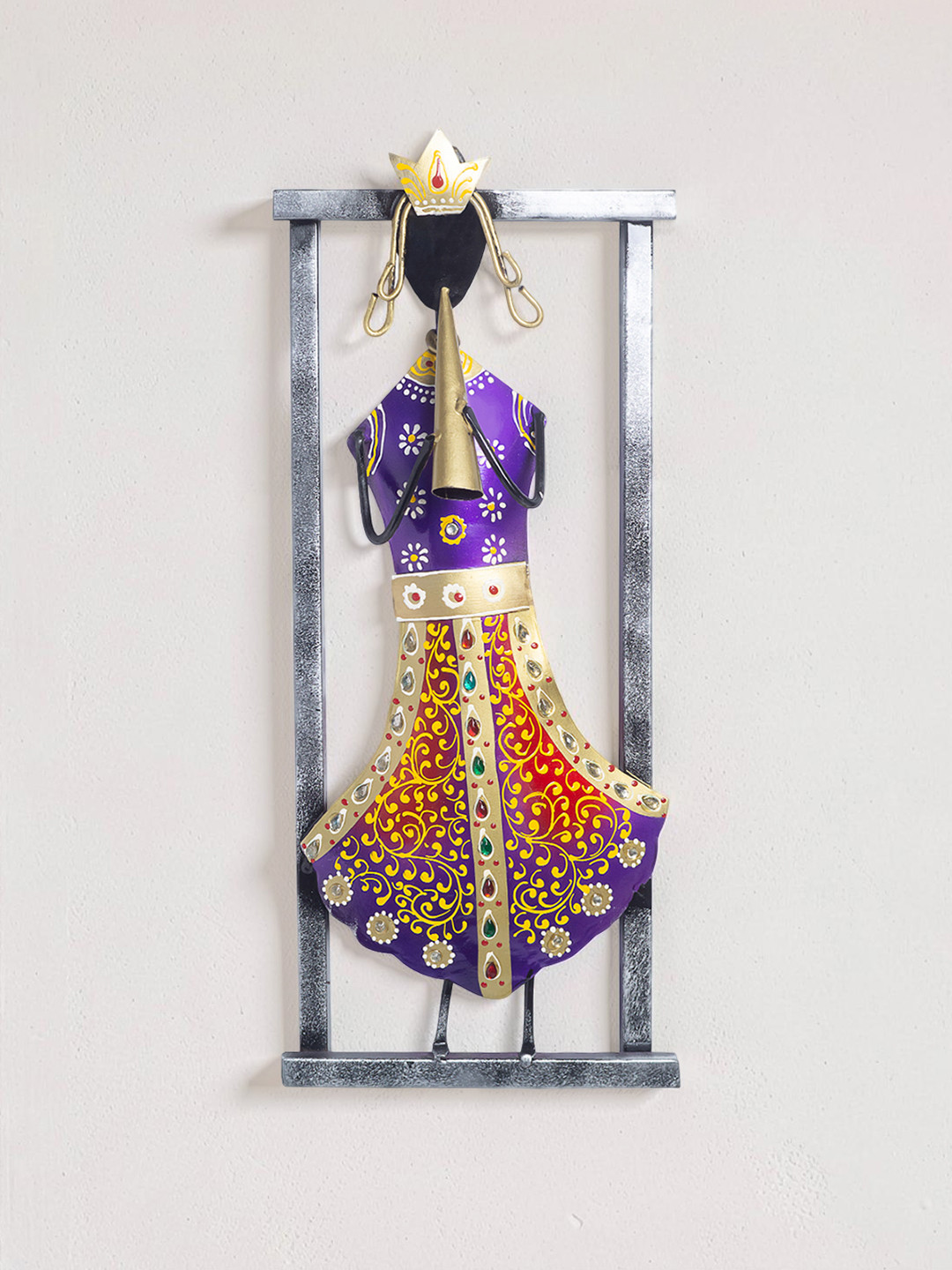 Golden Peacock Shehnai Playing Musician Metal Ethnic Motifs Glossy Wall Hangings-16.9In
