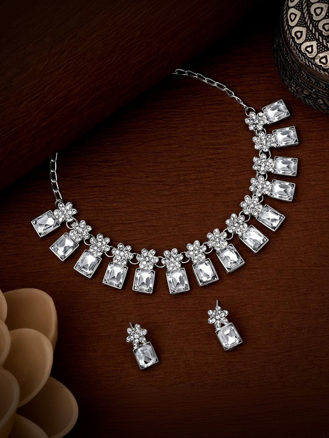 Atasi International Rhodium-Plated Stone-Studded Necklace and Earrings