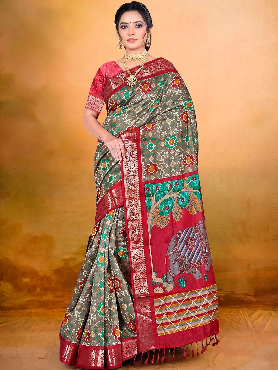 Vipul Olive Green Soft Silk Printed Woven Border Sarees