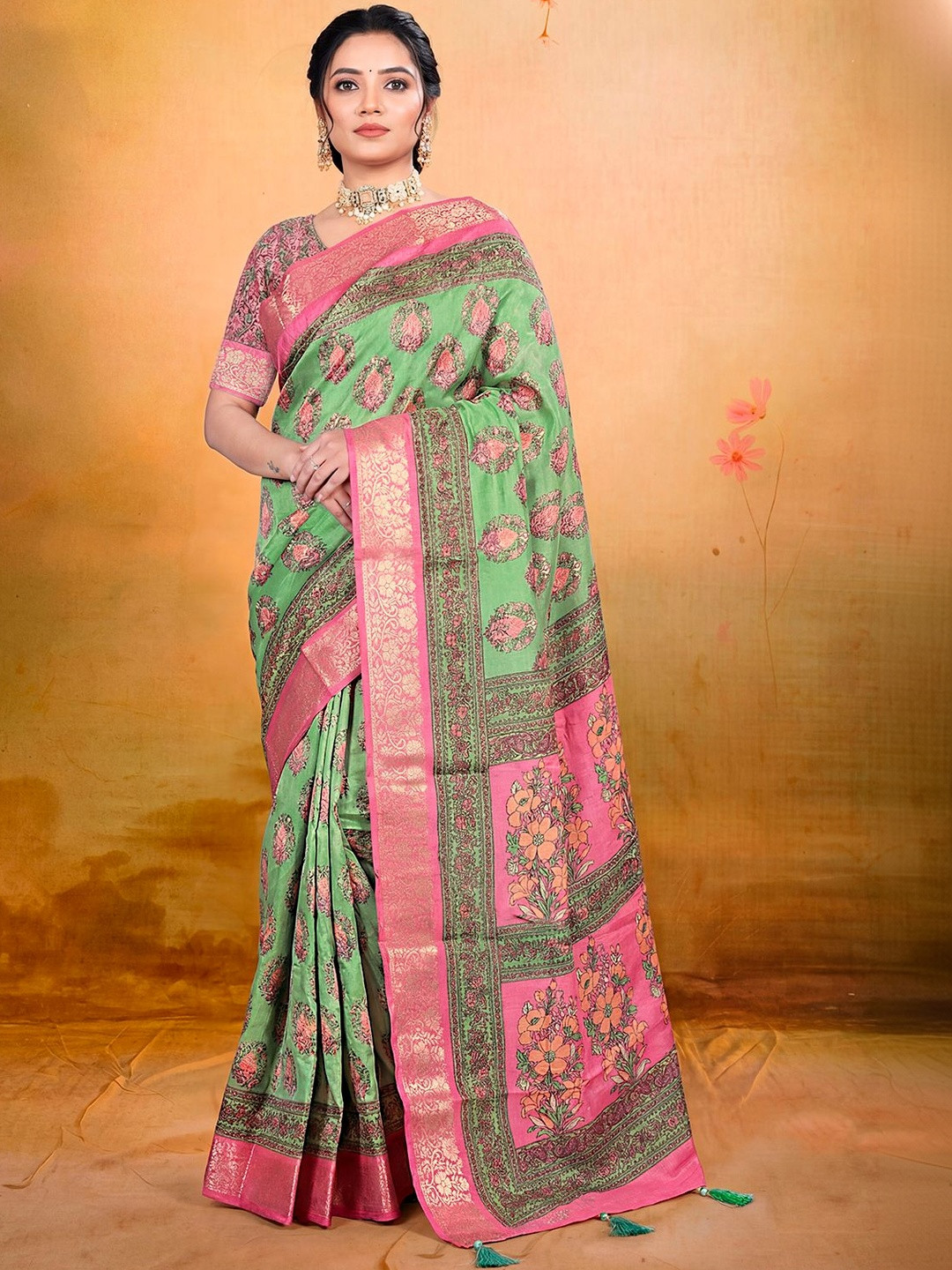 Vipul Pale Green Soft Silk Printed Woven Border Sarees
