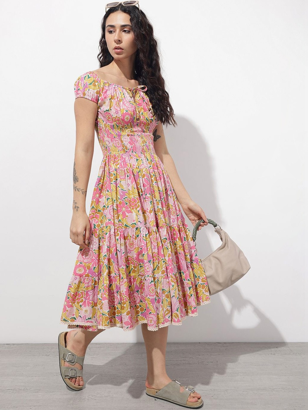 BAESD Floral Print Puff Sleeve Fit & Flare Midi Dress