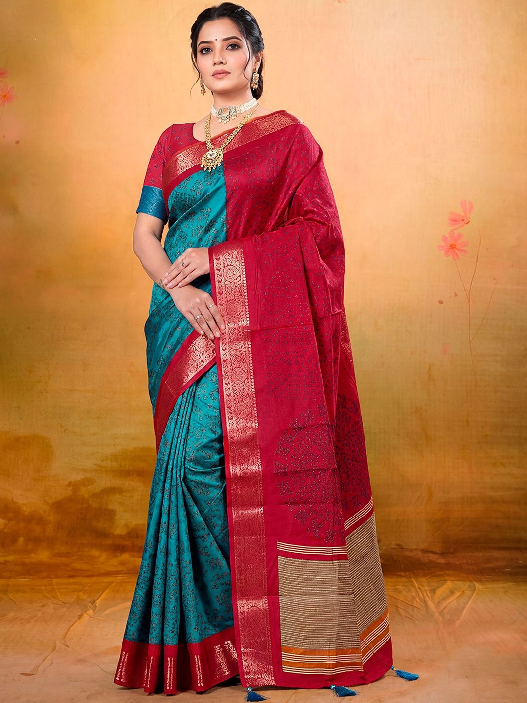 Vipul Blue Soft Silk Printed Woven Border Sarees