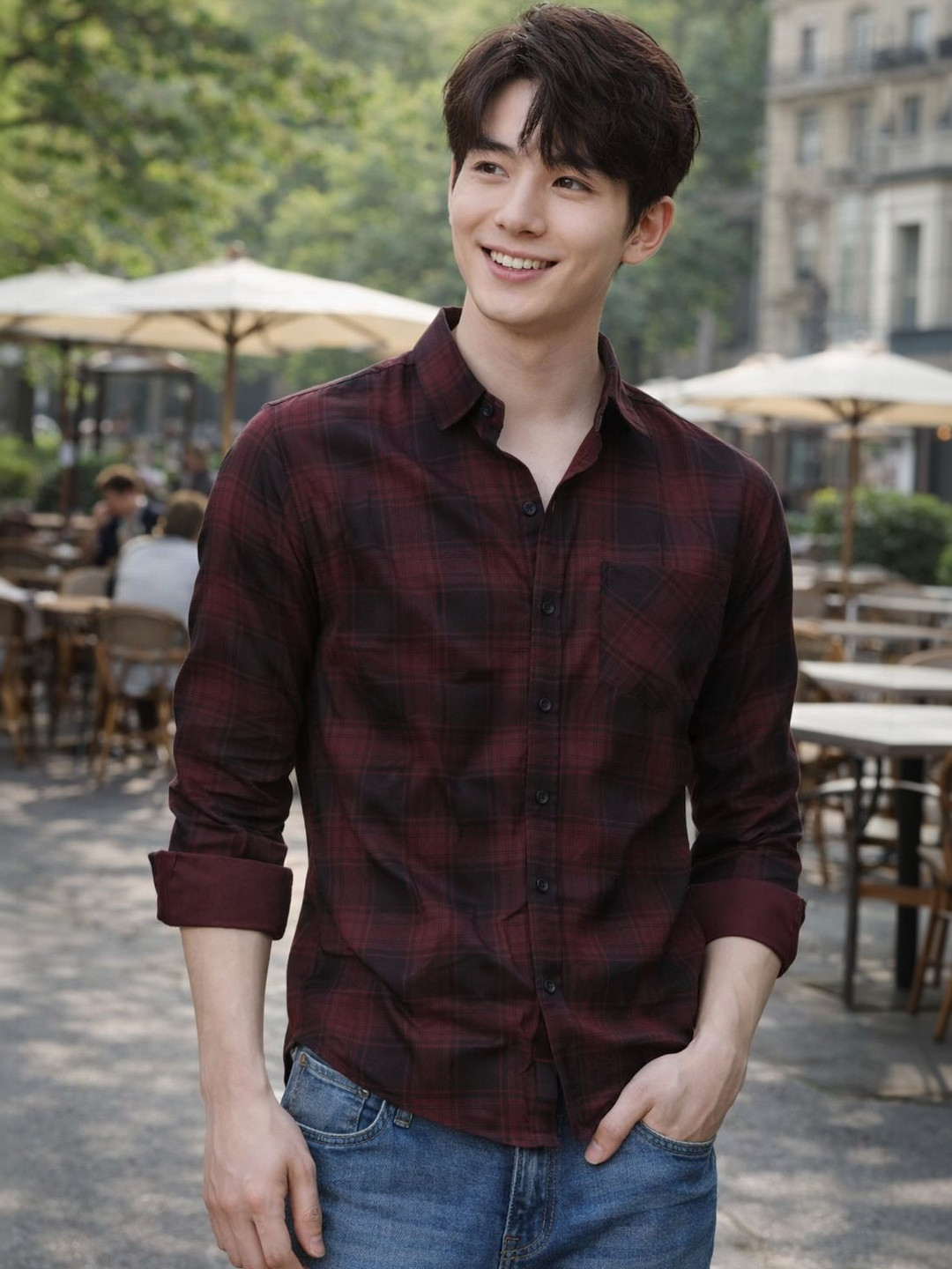 KASMEN CO. Modern Checked Spread Collar Cotton Slim Fit Shirt
