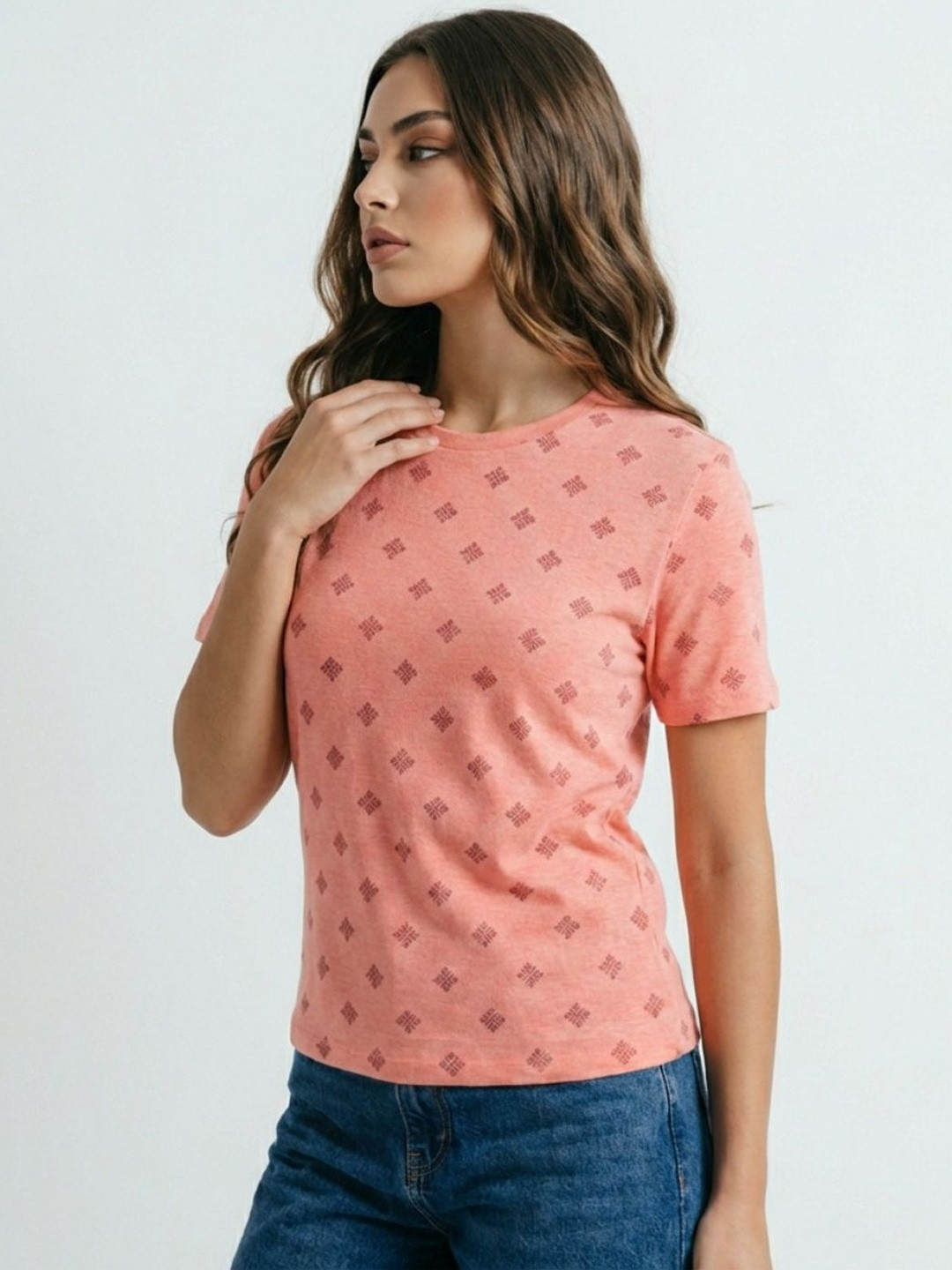 glitchez Women Peach Grey Printed Sustainable Regular Fit Tshirts