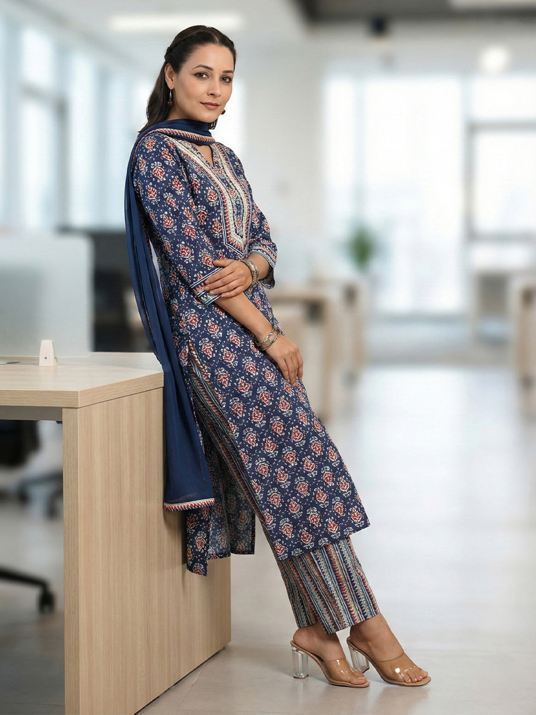 Rain & Rainbow Printed Regular Mirror Work Pure Cotton Kurta with Trousers & With