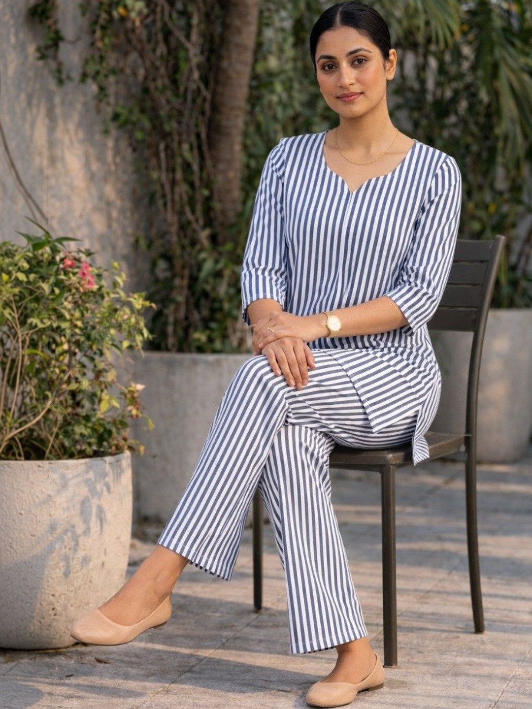 PARIKSHIT Checks Embellished V-Neck Three-Quarter Sleeves Top with Trousers