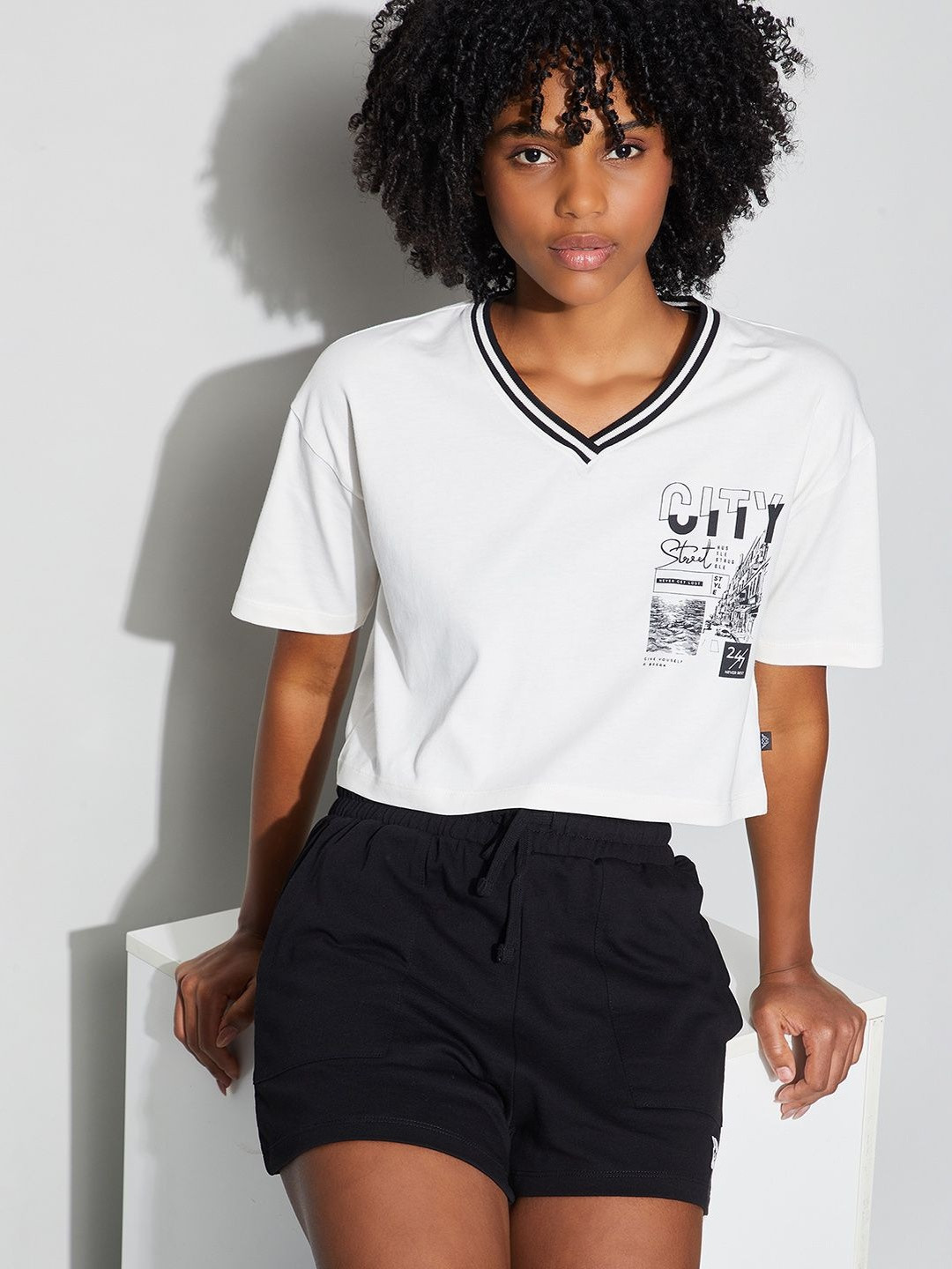 Kappa Women Printed V-Neck Cotton T-shirt