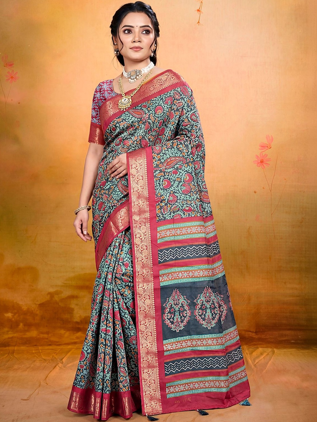 Vipul Sea Green Soft Silk Printed Woven Border Sarees