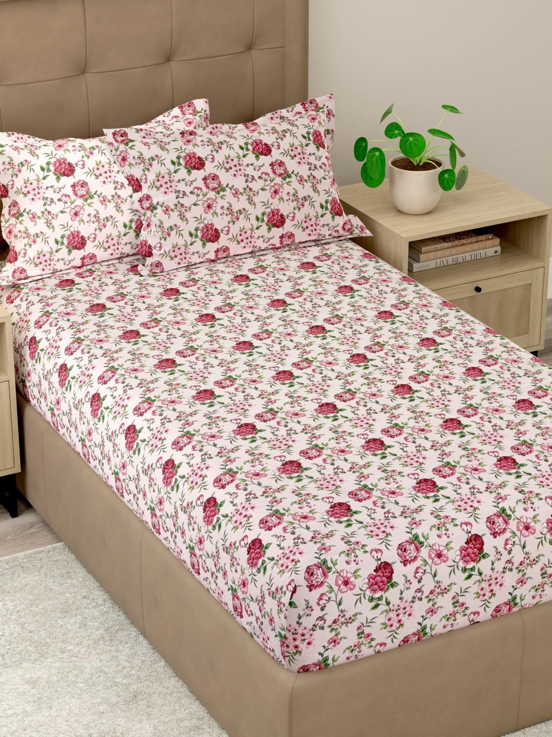 Pure Decor Rose Floral 180 TC Single Bedsheet with 2 Pillow Covers