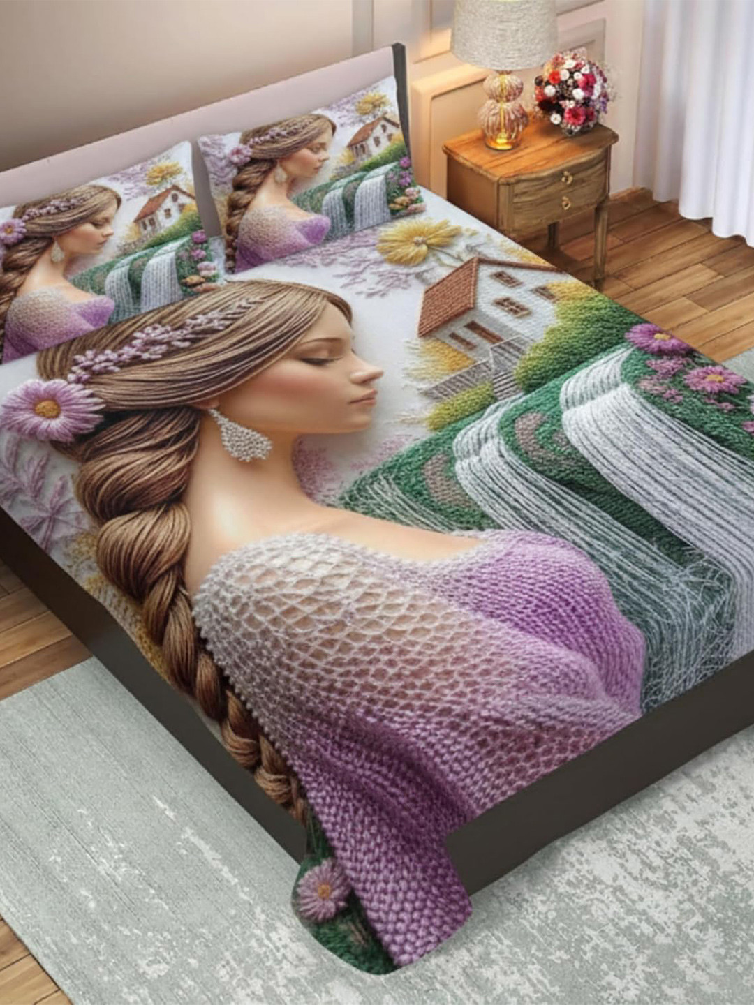 Myntra Elegant Homes White Graphic 144 TC Queen Bedsheet with 2 Pillow Covers