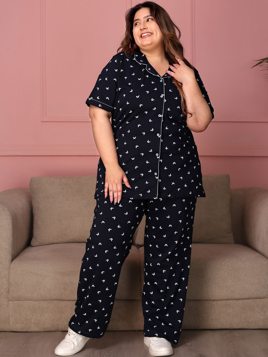 TITTLI Women Plus Size Pure Cotton Printed Shirt and Pyjama Nightsuit