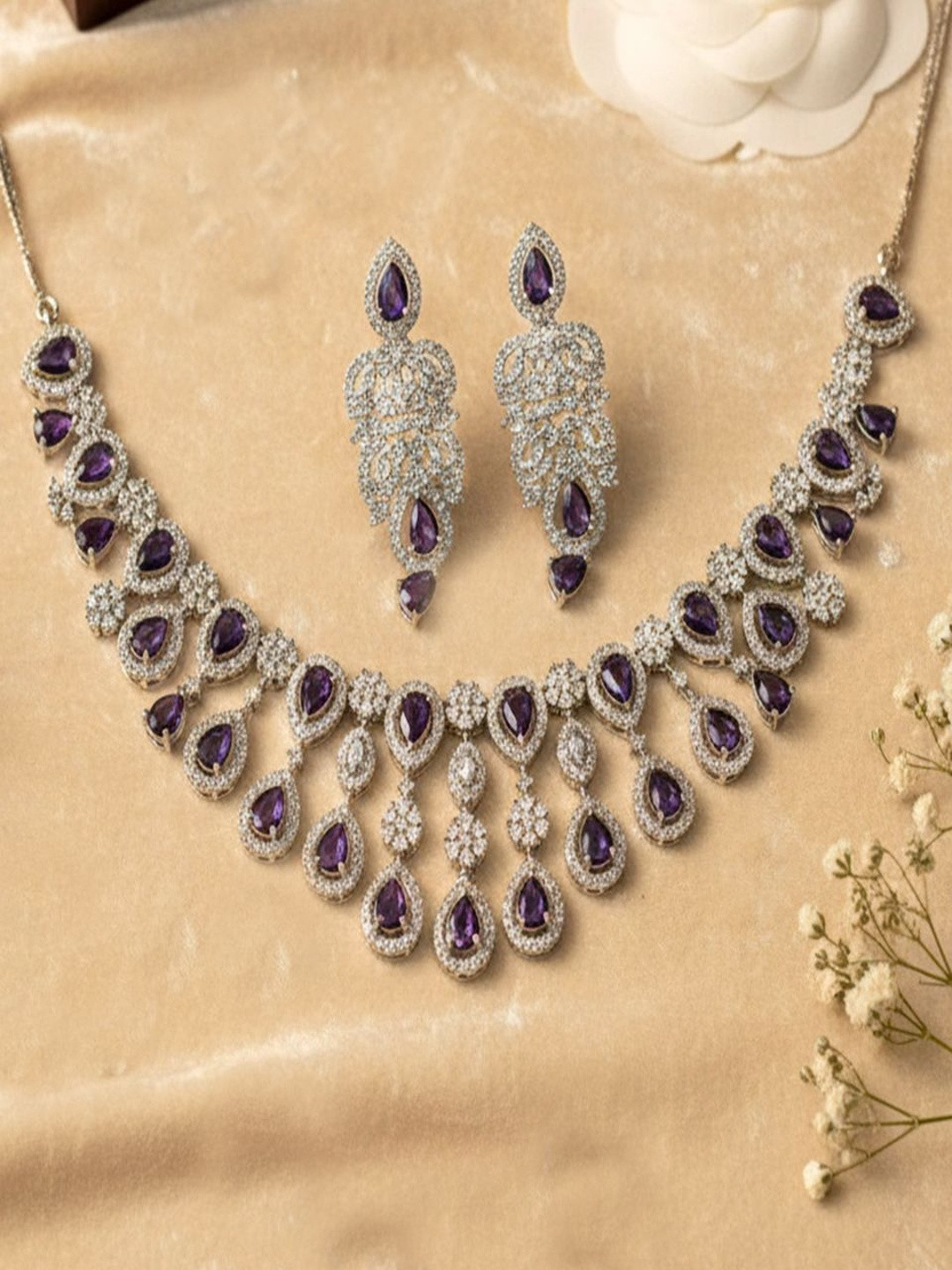 BlingNation Rhodium-Plated American Diamond Necklace and Earrings