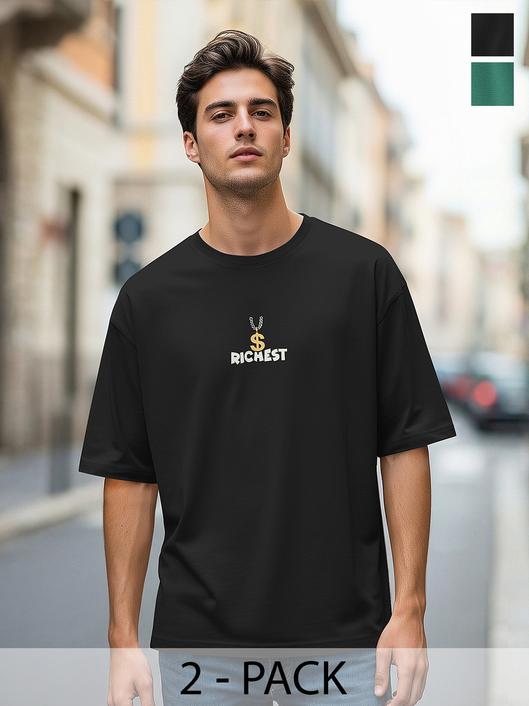 BULLMER Pack Of 2 Typography Printed Round Neck Oversized T-shirts