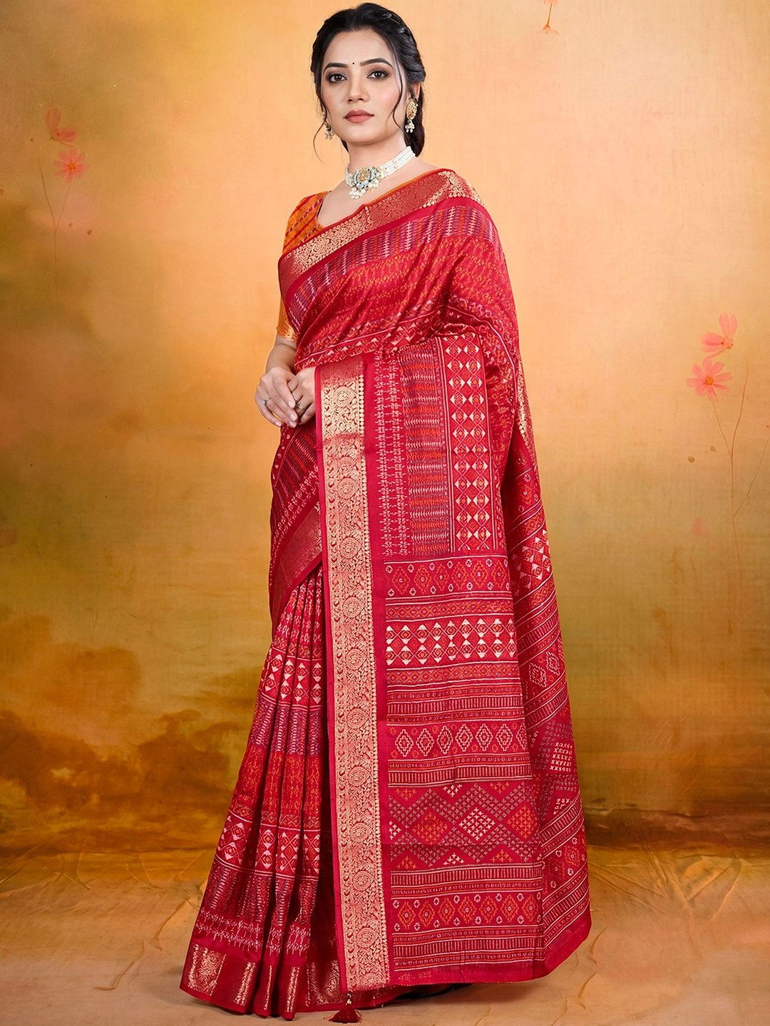 Vipul Red Soft Silk Printed Woven Border Sarees