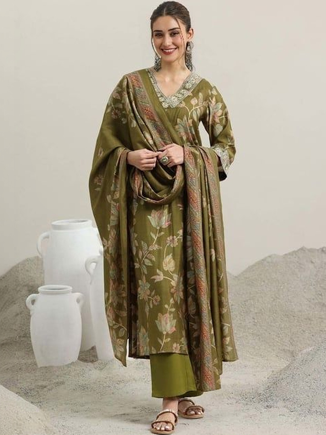 MYRIE Women Embroidered Kurta with Palazzos & With Dupatta