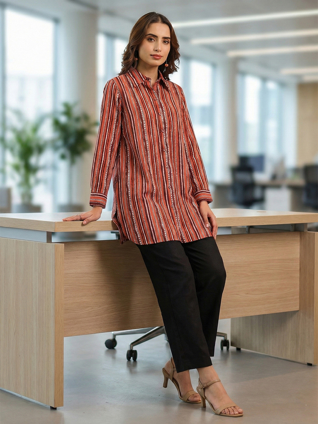 Rain & Rainbow Women Standard Fit Vertical Striped Spread Collar Pure Cotton Casual Shirt