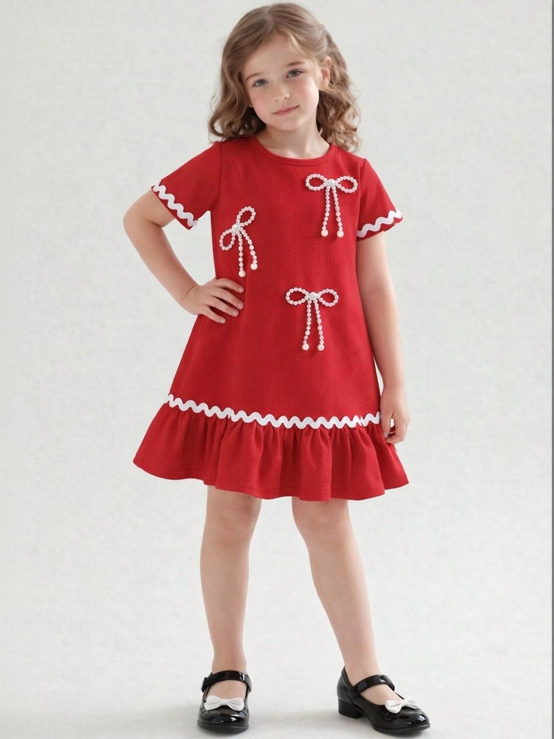 YK Girls Stud Contrast Bow Applique & Ruffle Hem A-line Knee Length Dress