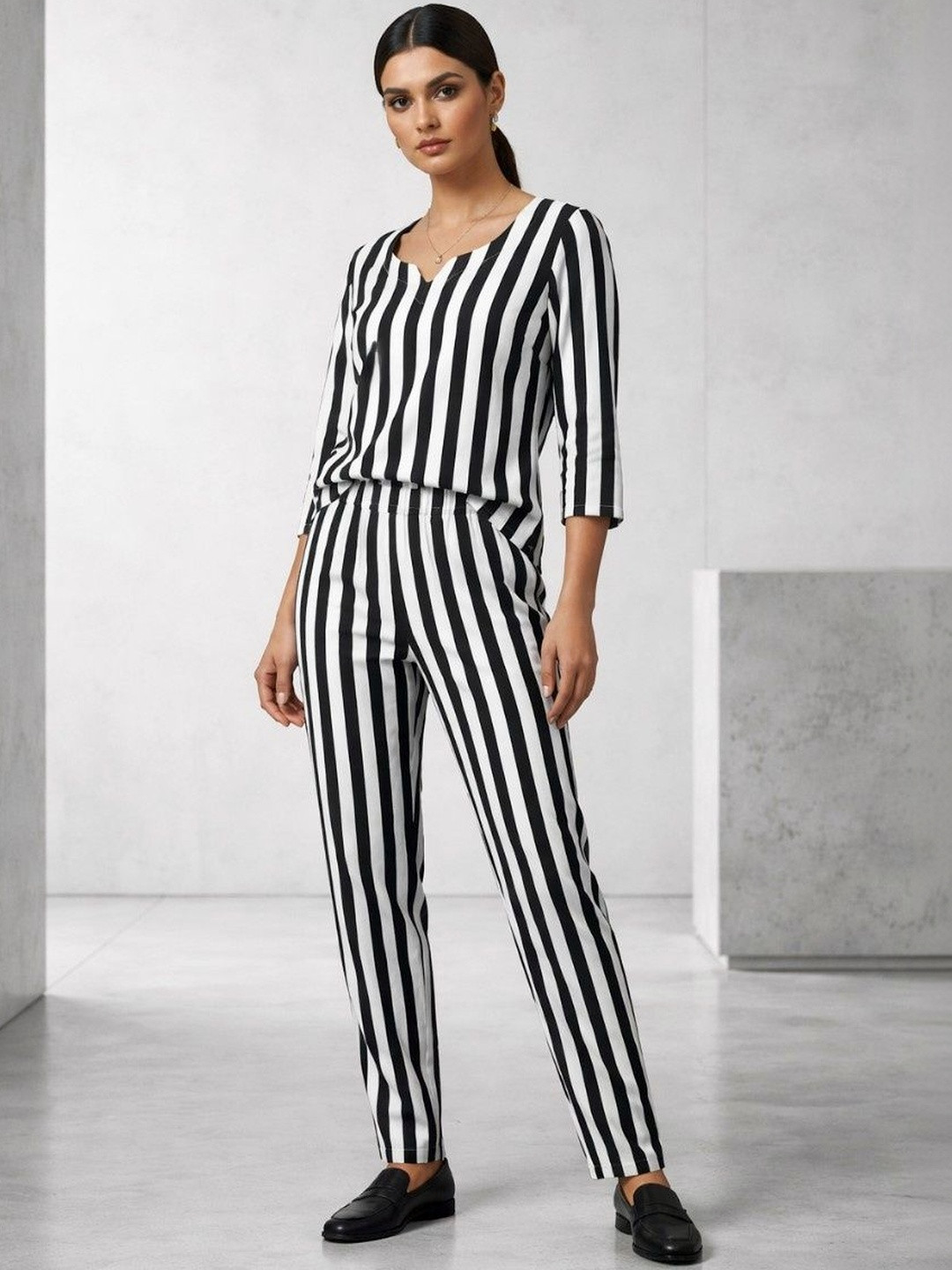 PARIKSHIT Checks Embellished V-Neck Three-Quarter Sleeves Top with Trousers