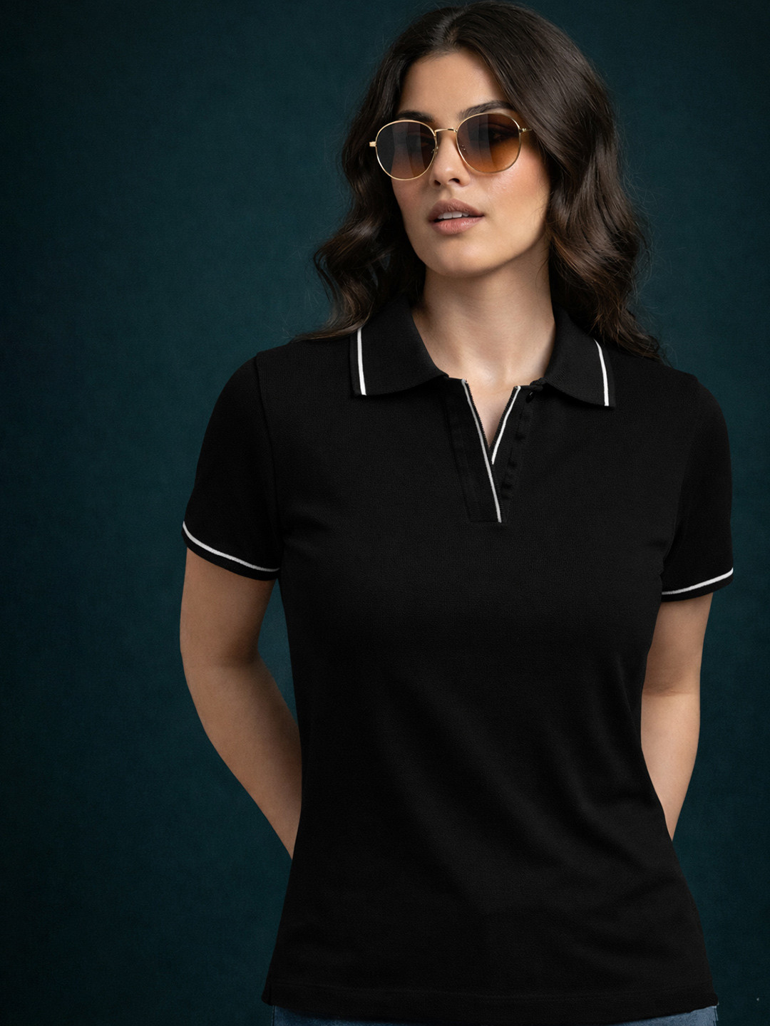LASOON Women Polo Collar Slim Fit T-shirt