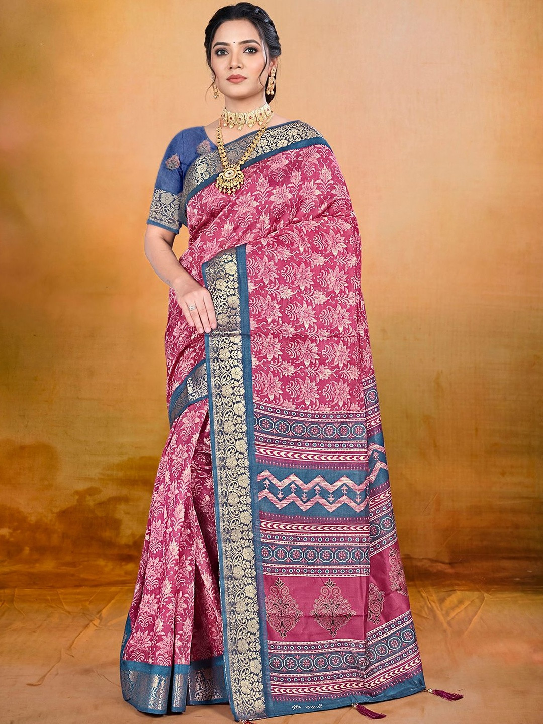 Vipul Dark Pink Soft Silk Printed Woven Border Sarees