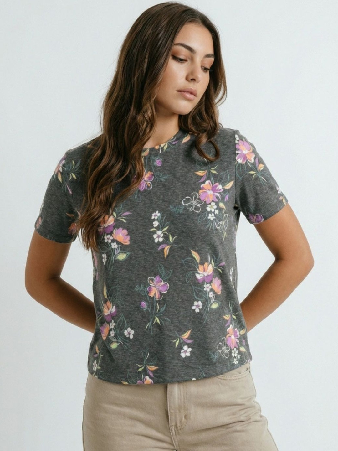 glitchez Women Charcoal Grey Floral Printed Cotton Tshirts
