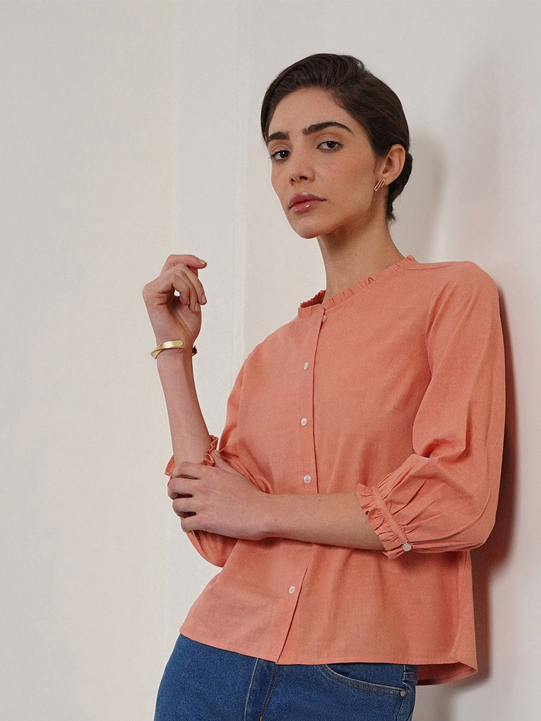 FABLE STREET Ruffles Cotton Shirt Style Top