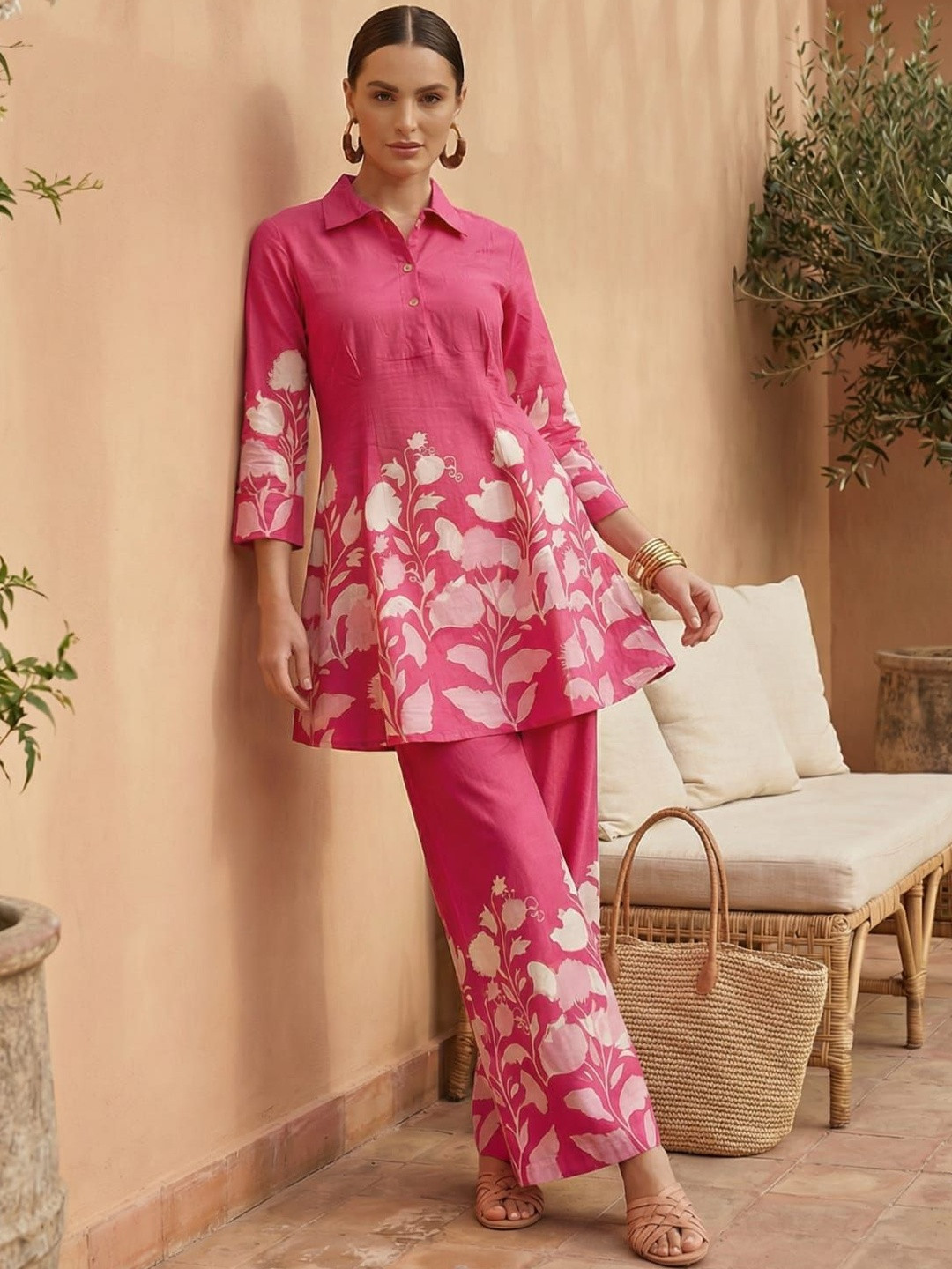 IMANA Floral Printed Shirt Collar Pure Cotton Tunic With Trousers