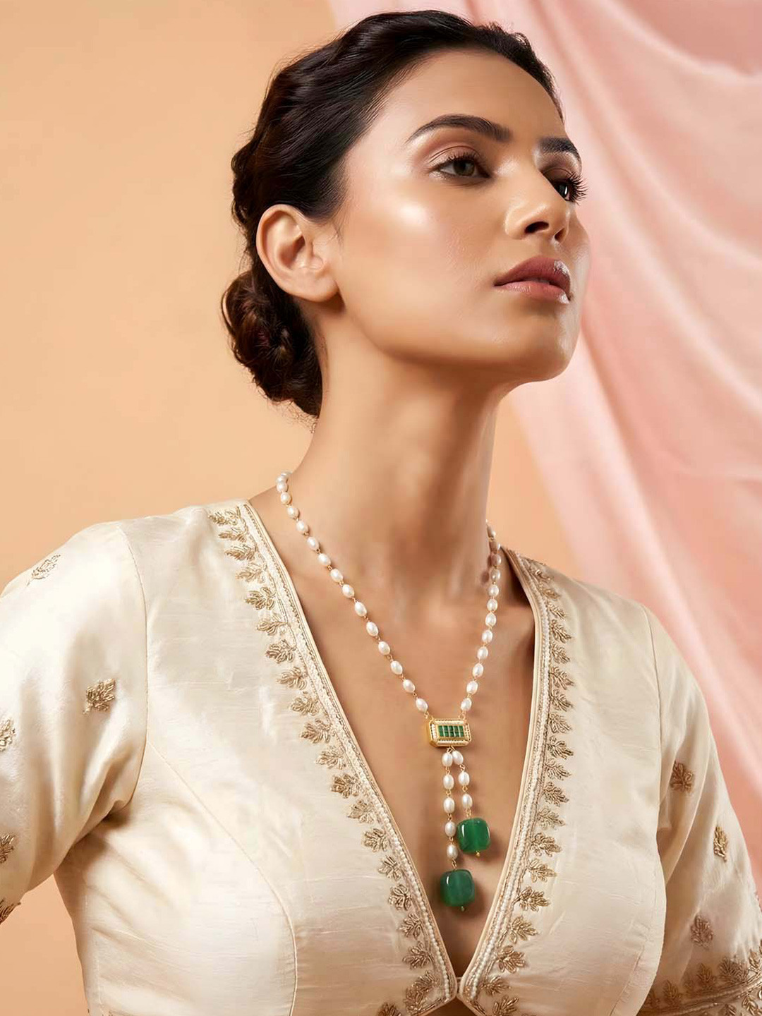 ADIVA Gold-Plated Pearl Beaded Green Stone Pendant Style Traditional Statement Necklace