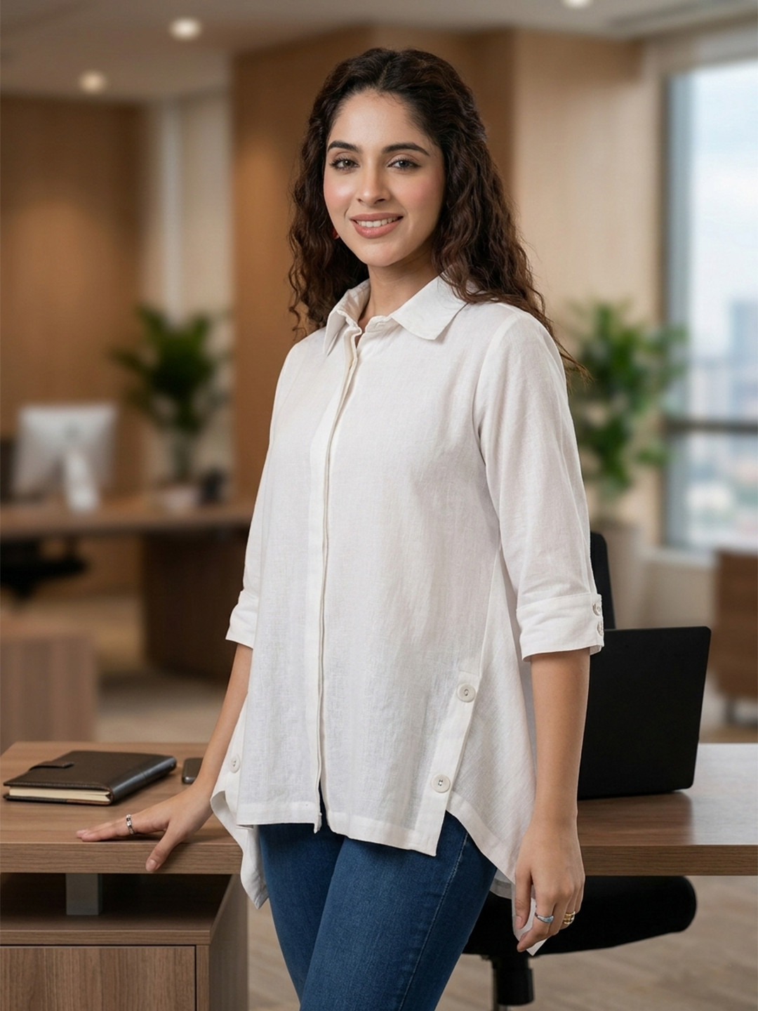 Rain & Rainbow Shirt Collar Cuffed Sleeves Cotton Top