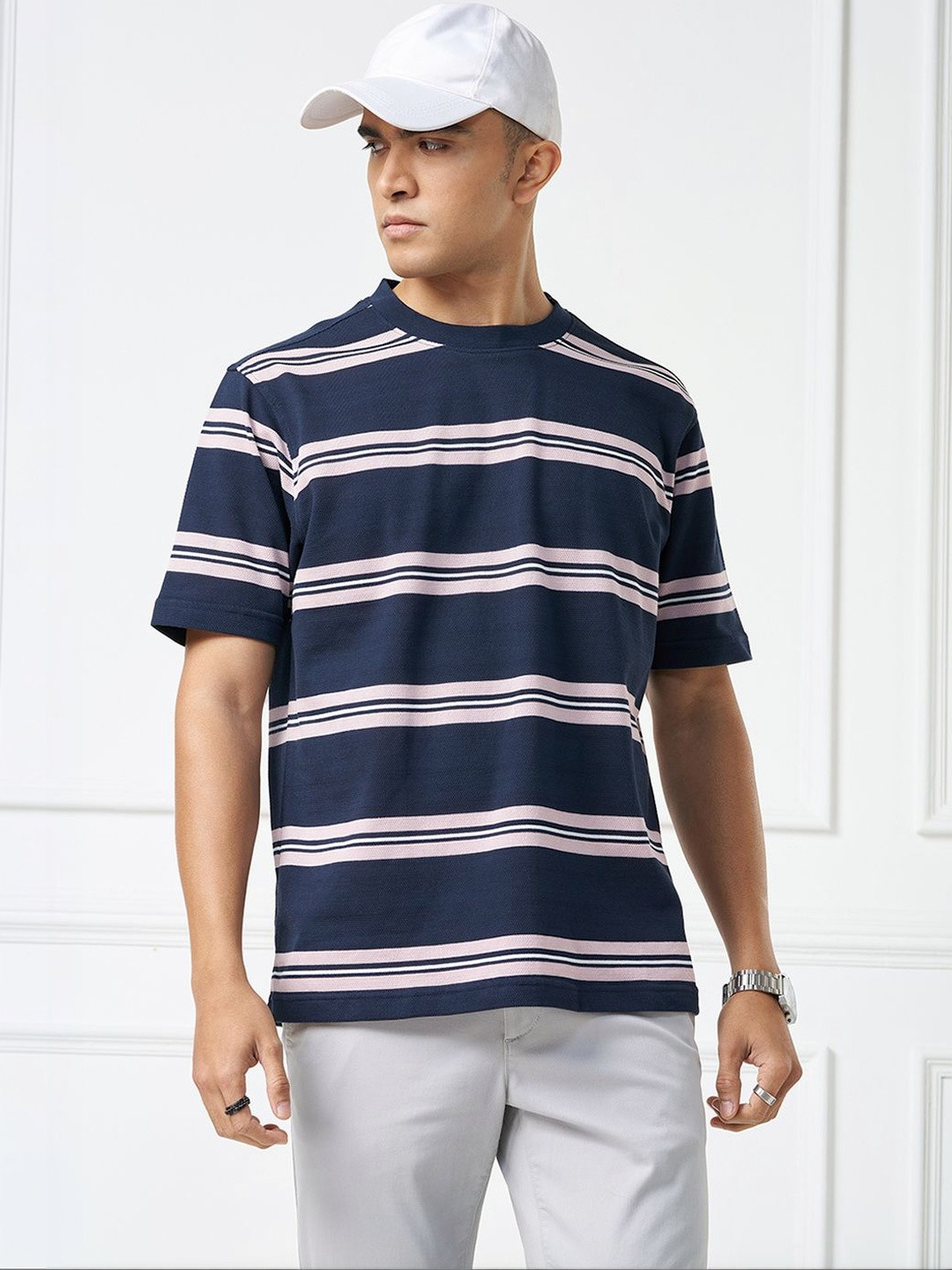 Peregrine by Pantaloons Striped Round Neck Relaxed Fit T-shirt