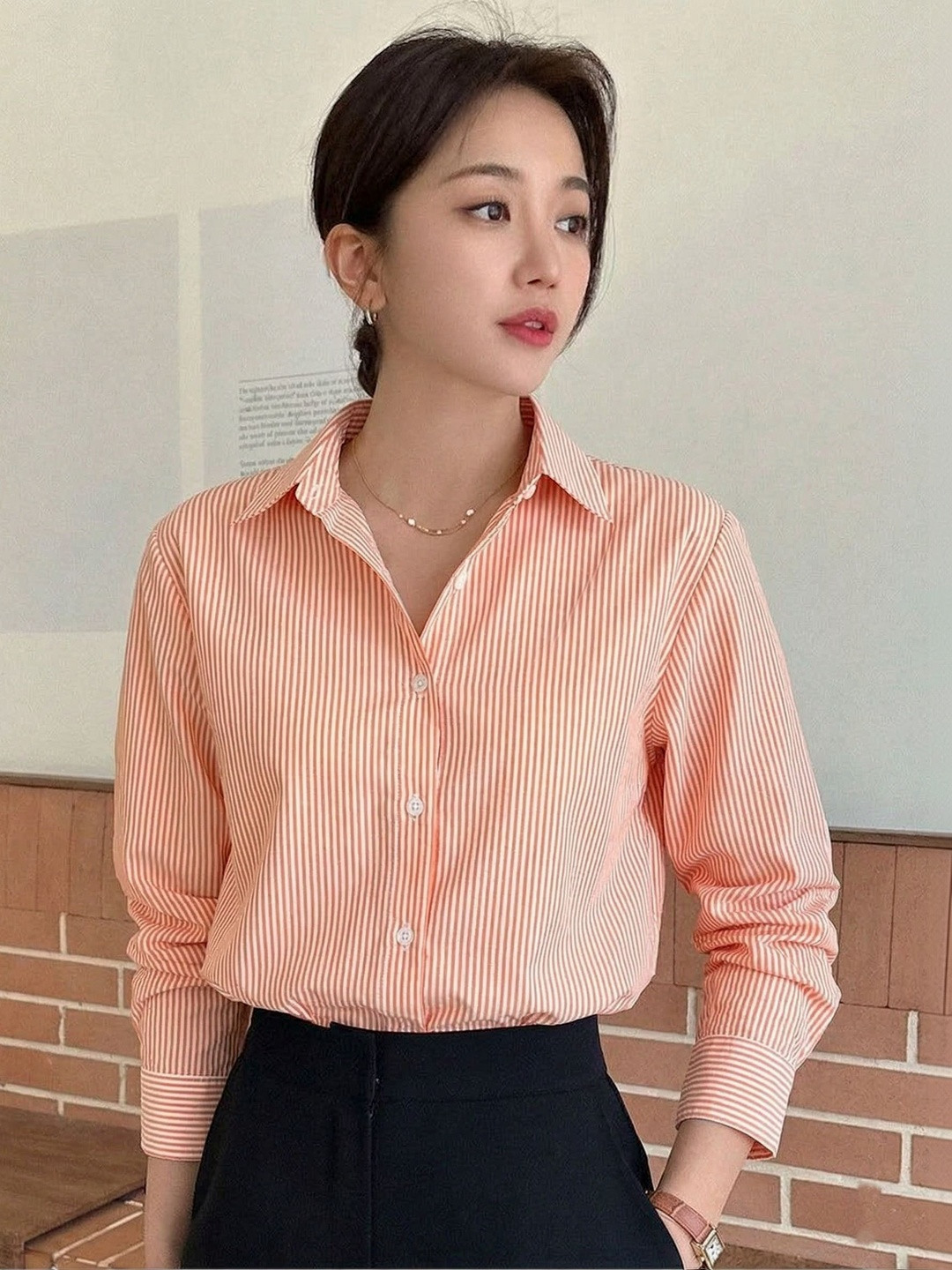 Swaggish Vertical Stripes Striped Spread Collar Cotton Shirt